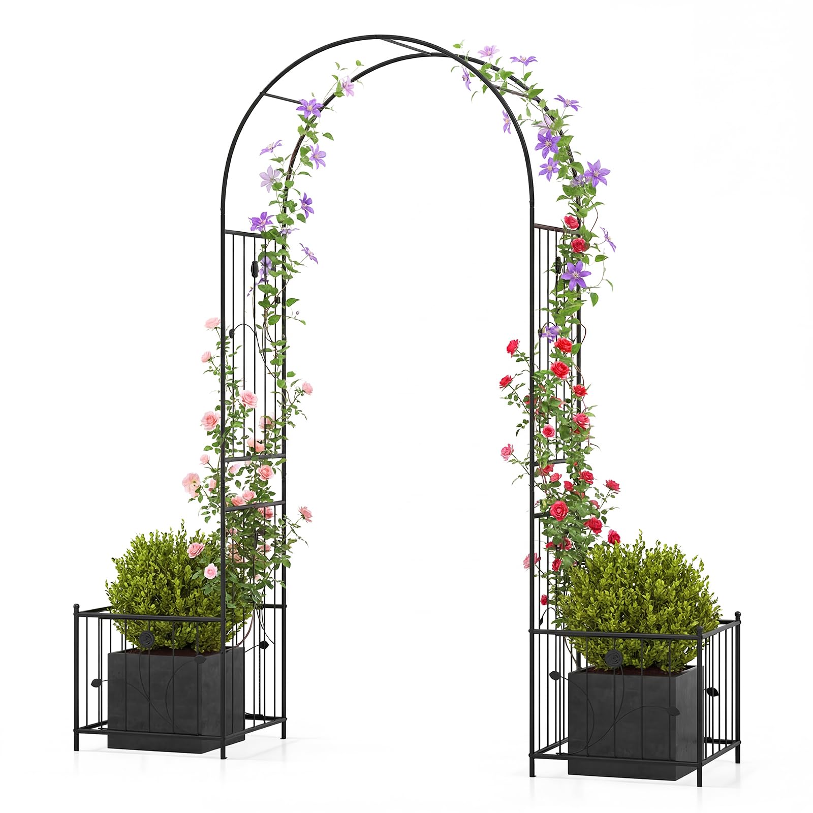 COSTWAY Garden Arch with Planter Boxes, Metal Archway Trellis Pergola Arbour with Ground Stake for Climbing Plant Rose Vines, Patio Arbor Decoration Stand for Party Wedding Lawn (198 x 49 x 221cm)