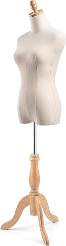 Miniatura 3 de TSC - Maniquí de forma de vestido femenino en lienzo natural sobre base de trípode de madera tradicional (natural, mediano)