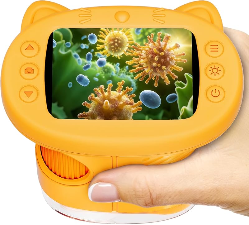 Kids Microscope: 1000X Handheld Pocket Microscope for Photo and Video Portable Science Kits STEM Toys – Christmas/Birthday Gifts for Girls & Boys Ages 3-12(Orange)