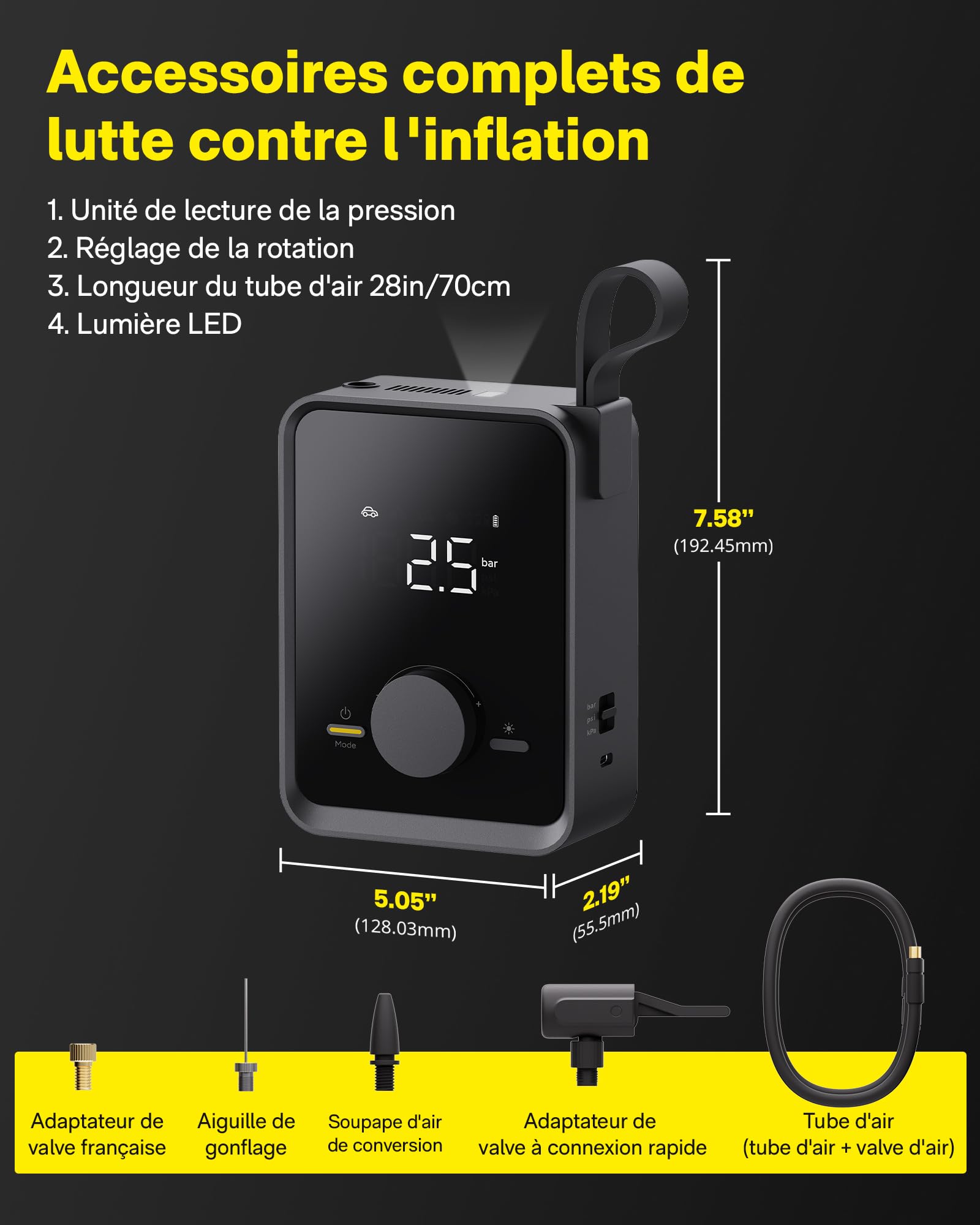 HOTO Gonfleur pneus pro 120PSI 12V DC 7500mAh, compresseur air portable LED | Mini pompe à air pour gonfler voiture, moto, bicyclette et ballons sport