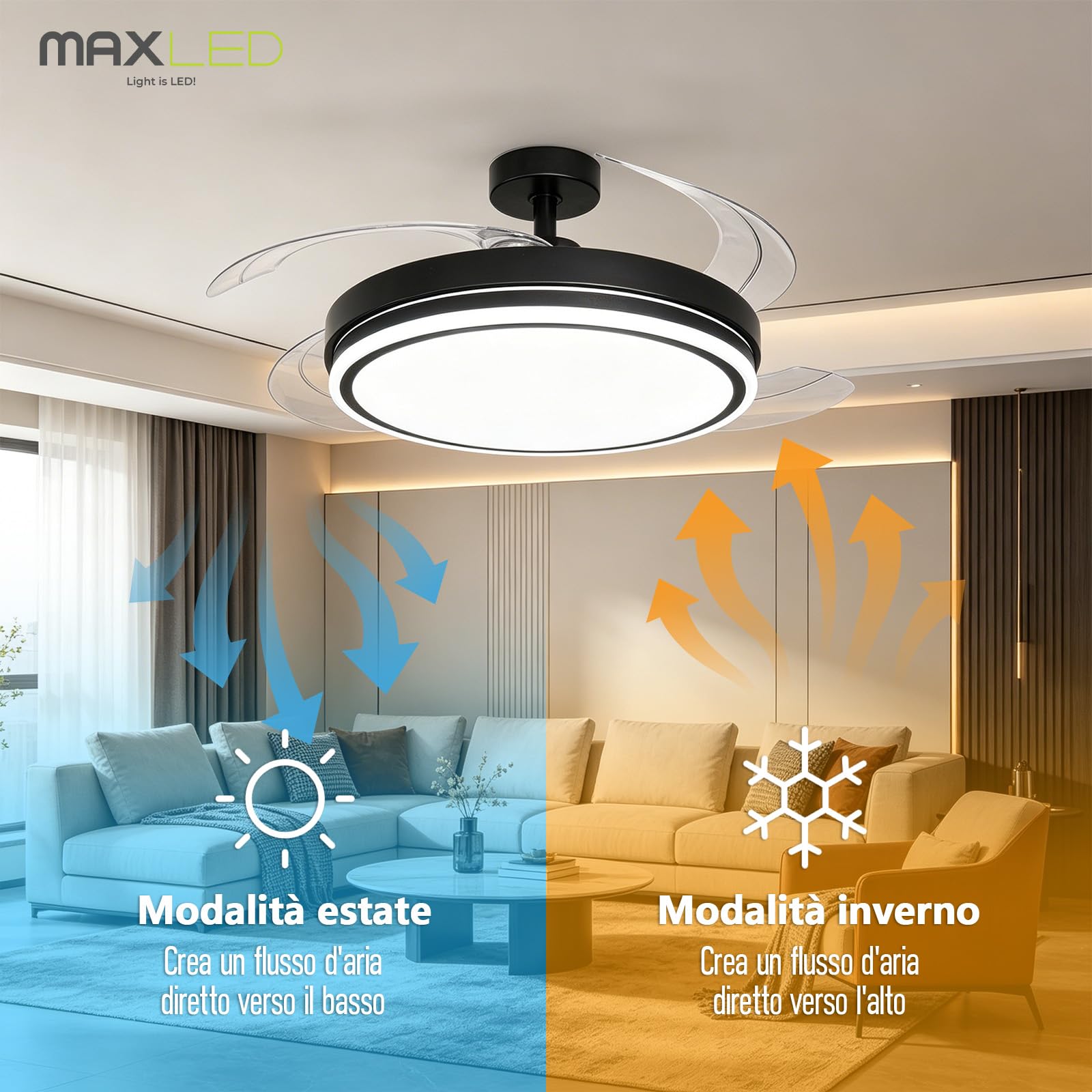 Ventilatore Soffitto Illuminazione LED 30W 3CCT 6500K/4500K/3500K 4094LM Dimmerabile 10%-100% 6 Velocità Timer Silenzioso per Soggiorno E Camera Letto Nero