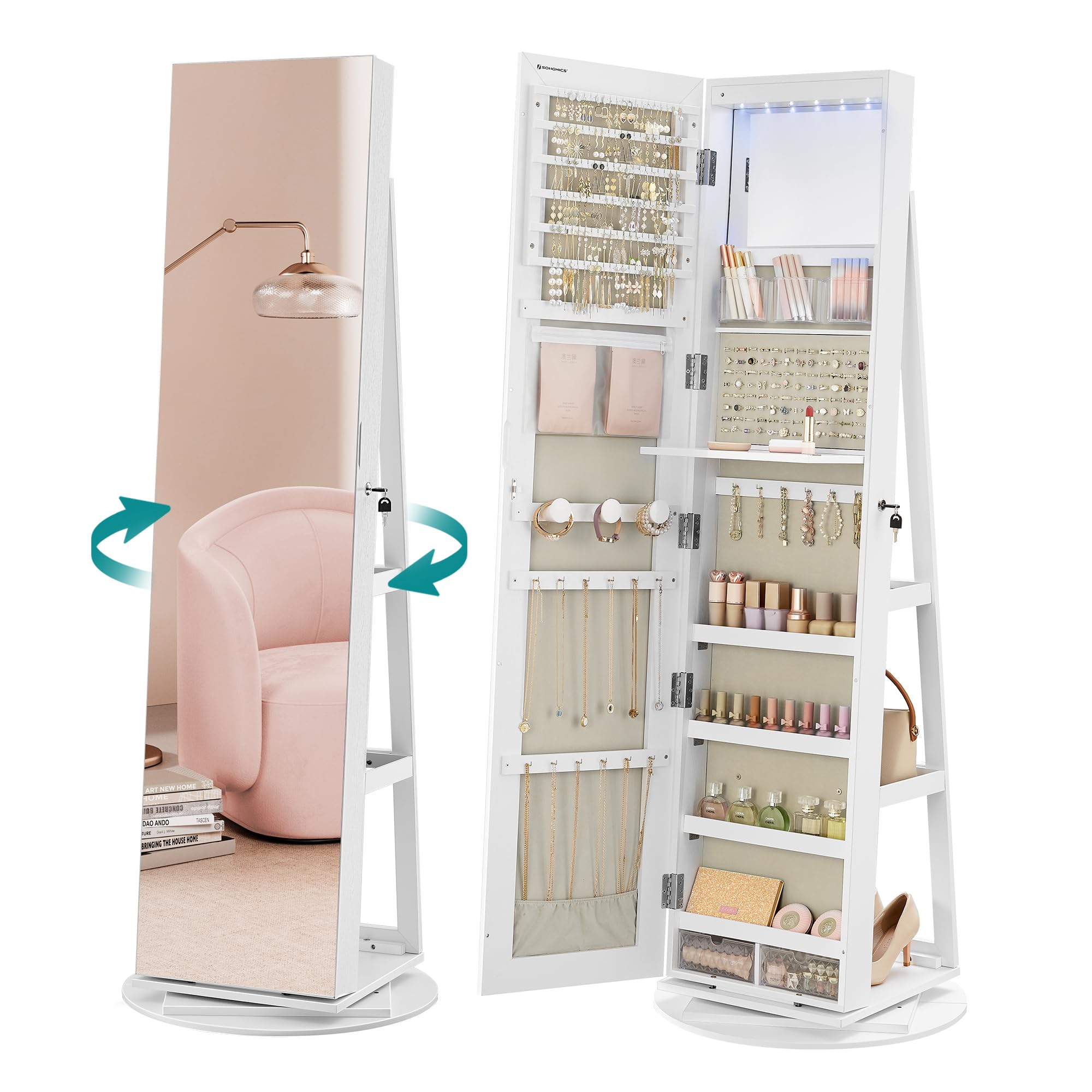 Armoire à Bijoux Avec Miroir LED Pivotant 360° - Grand Rangement Verrouillable S'bagno SBAGNO, Surface Brune, Doublure Velours Noir, 3 Niveaux