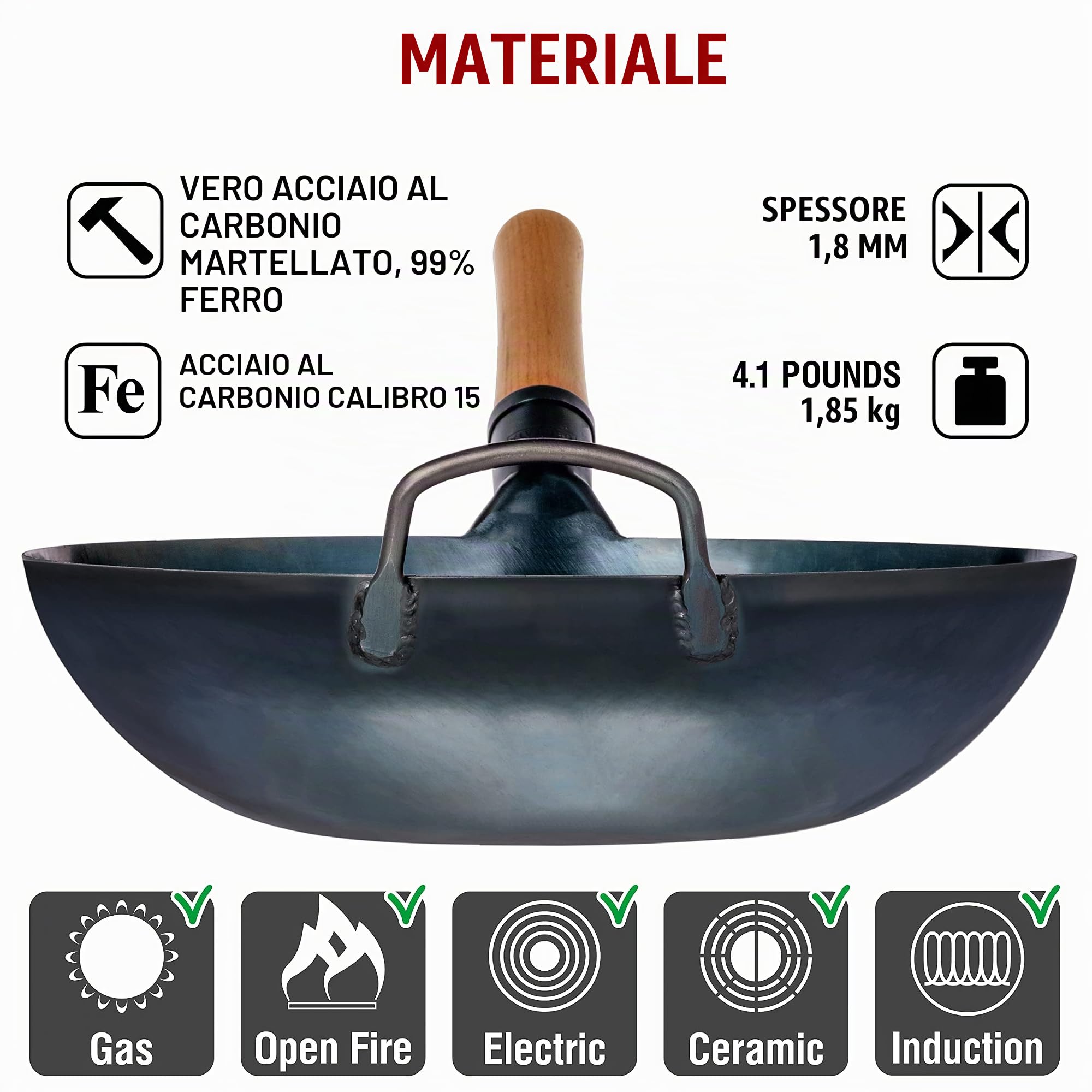 YOSUKATA Wok Padella Professionale 34 cm - Tradizionale Wok Acciaio al Carbonio Blu Fondo Piatto Precondizionato + Coperchio In Legno Per Wok 34 Cm