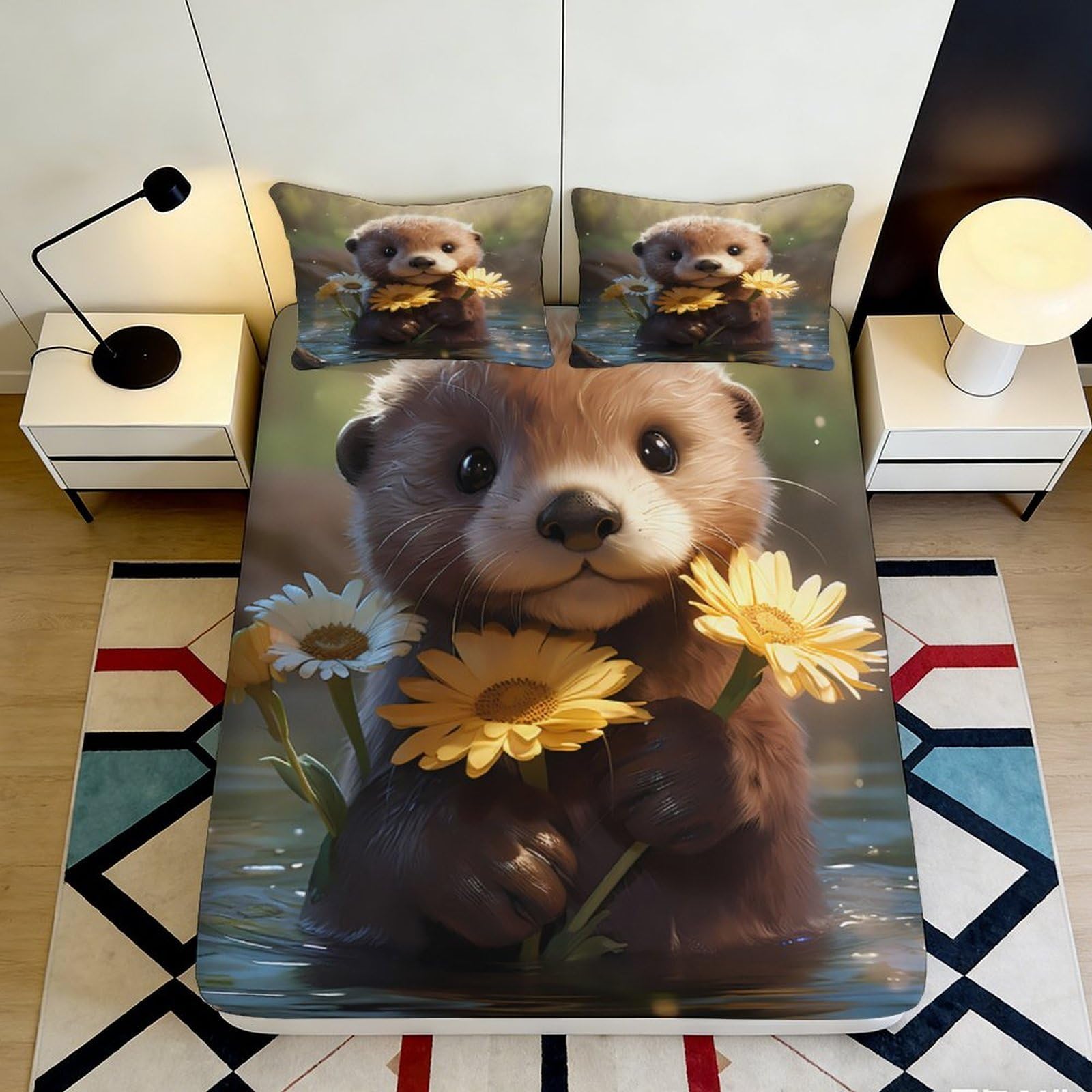 3D Printed Otter Floral Fitted Sheet Microfiber Deep Pocket Bedroom Bedding Otter Mattress Fitted Cover Non-Slip Wrap Washable 140x200x25cm