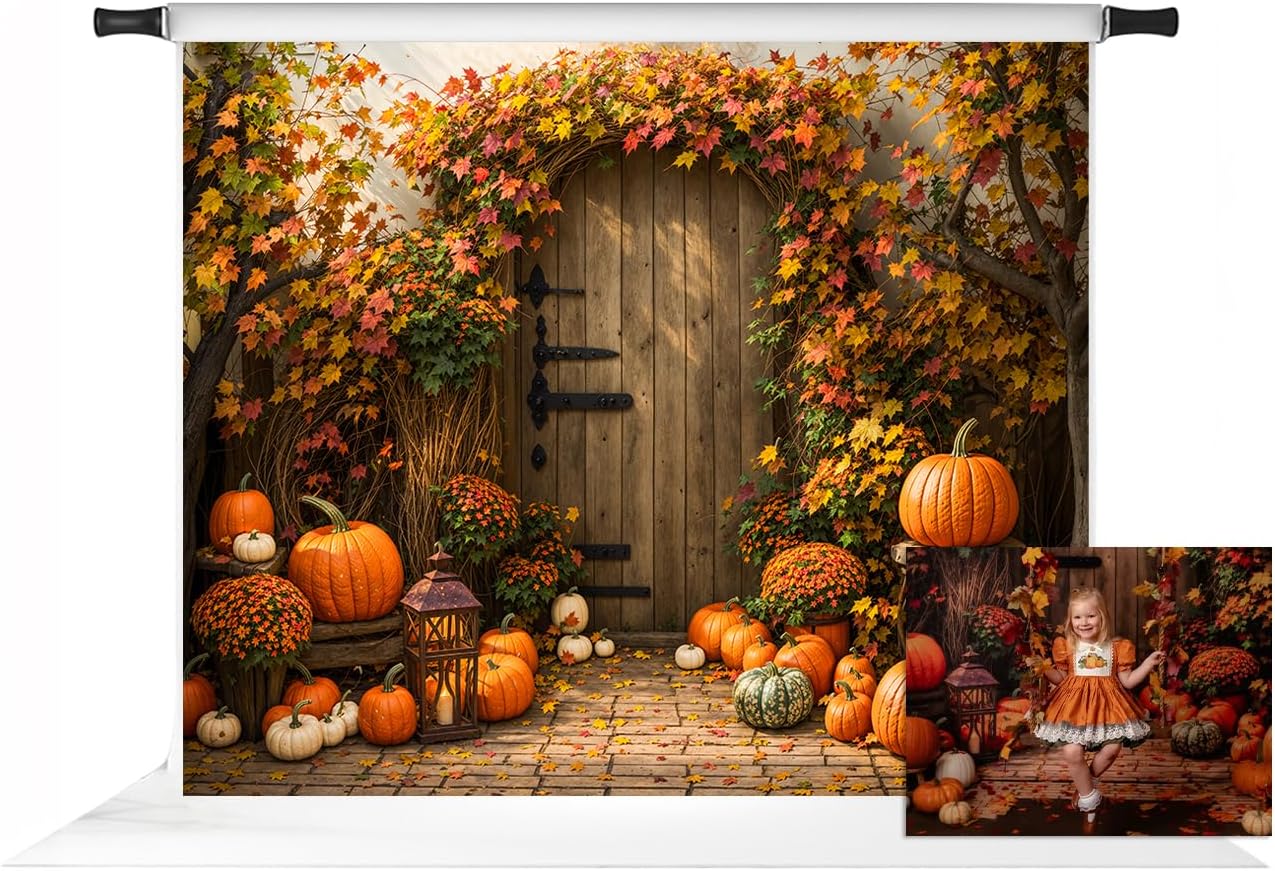 Kate Fall Maple Leaves Arch Door Backdrops for Photography Autumn Pumpkins Thanksgiving Day Backdrops for Kids Brown Wooden Door Background Photo Fabric Props 10x8ft