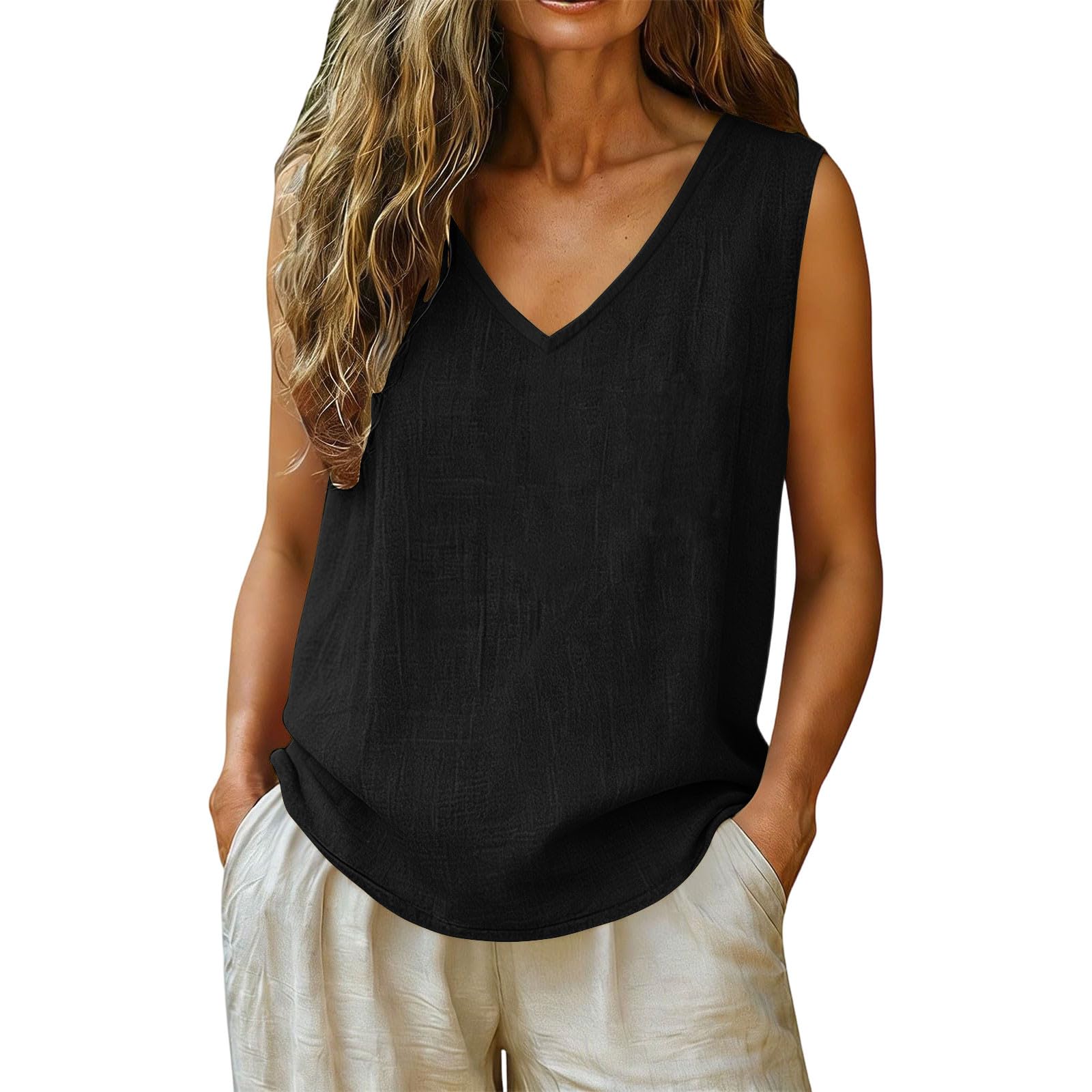 Leinen Top Damen Sommer,V-Ausschnitt Trägershirt Lässige Tank Top Leichte Sommertop Ärmellose Shirt Musselin Blusentop Baumwolle Trägertop Locker Damentops Strand Leinentop Hawaii Achselshirt