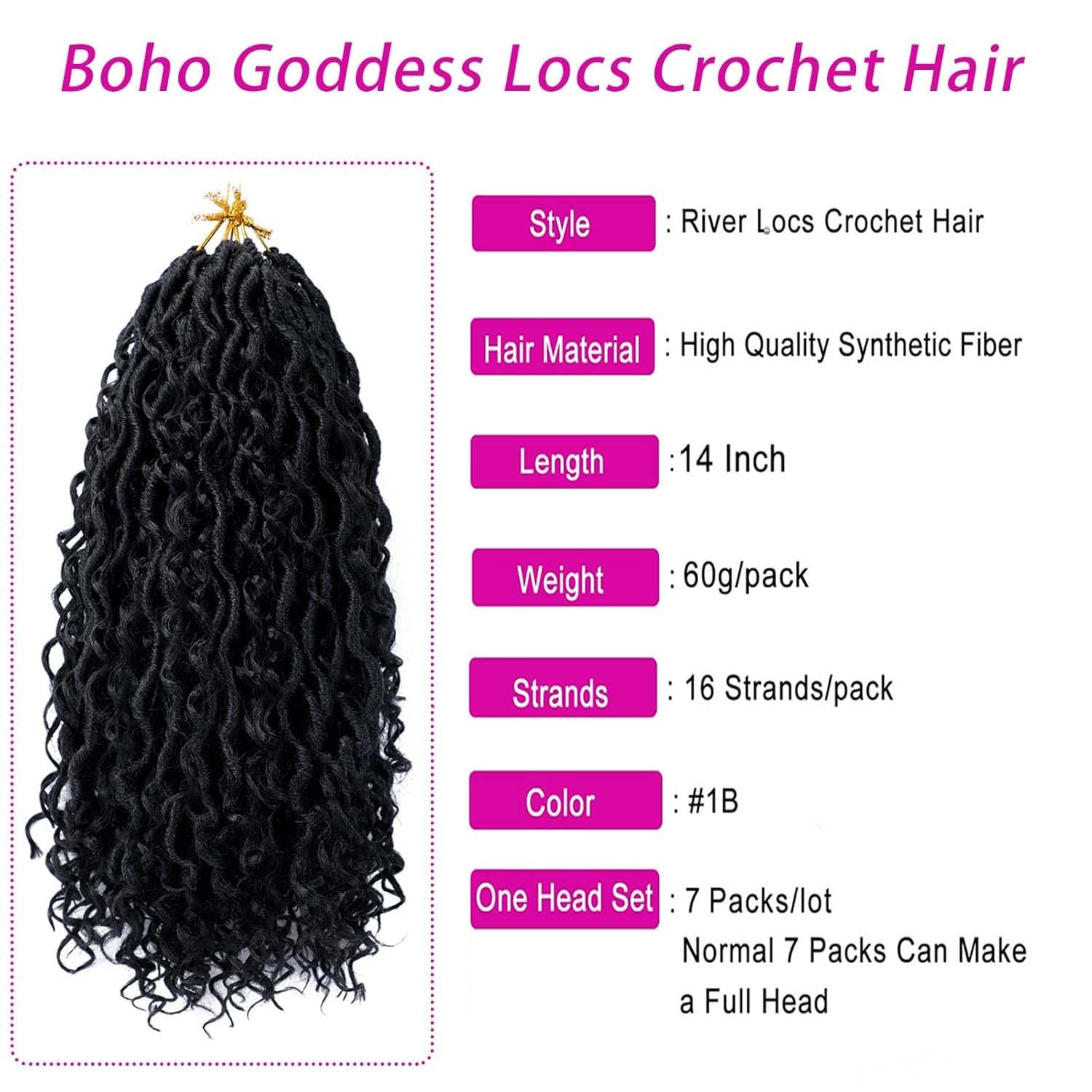 8 Inch Goddess Faux Locs Crochet Hair for Women Black 7 Packs Boho Style River Locs for Women Kids Pre Looped Hair with Curly Ends