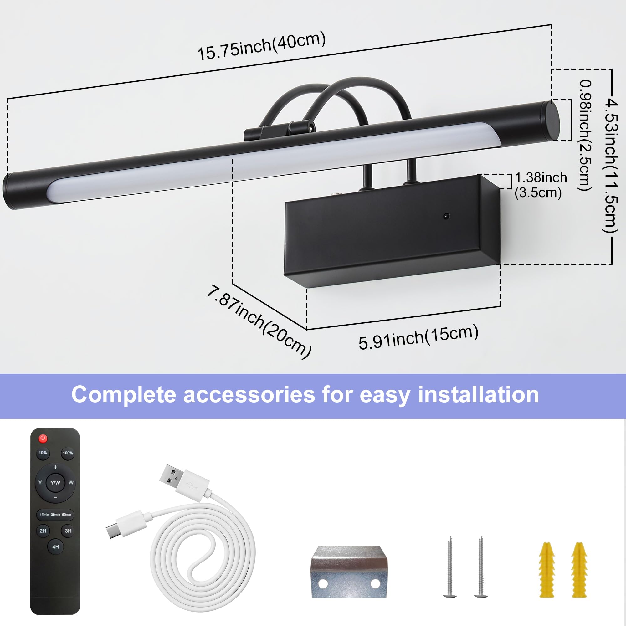 Bilderleuchte Akku mit Fernbedienung, 40cm LED Bildbeleuchtung Kabellos mit 3 Farbtemperaturen 8000mAh Wiederaufladbar Batterie Timer Dimmbar Wandlicht Innen für Malen Kunstwerke Porträt