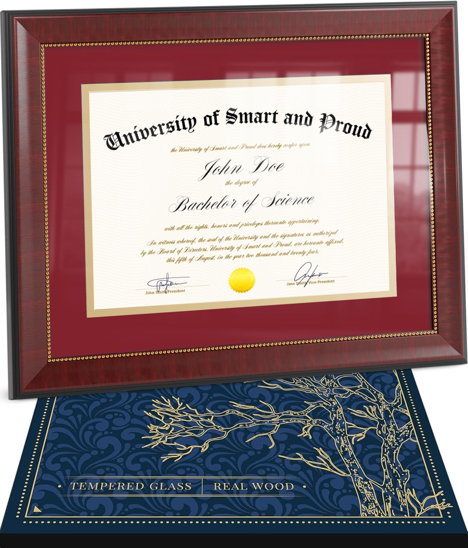 Wooden Diploma, Certificate, Degree Frame,8.5x11 with mat and 11x14 w/o mat graduation document frames,for bachelors and masters degree, diploma or certificate award frame (Red mat,#1022)