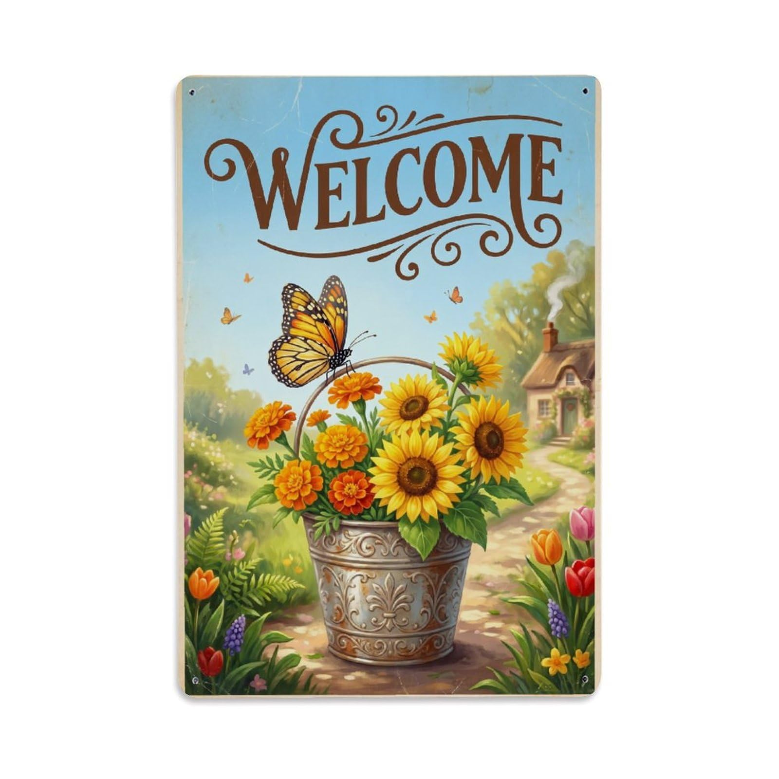 Cxhjca 8X12inch(20X30cm) Vintage Welcome Butterfly Warm Wishes Metal Tin Sign