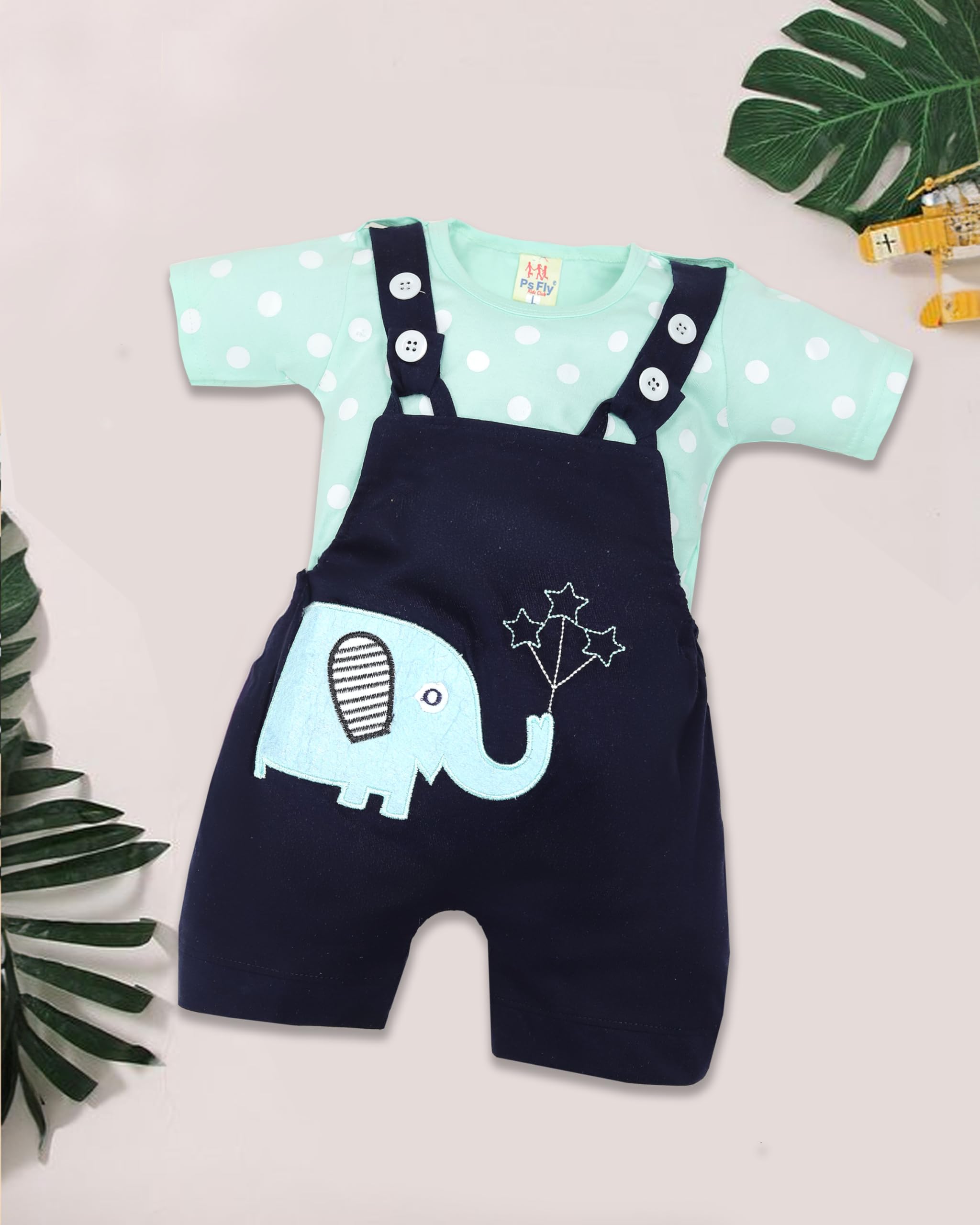 Krishn Cotton Printed Dungaree Set | Kids Dress for Boys and Girls - Green (2-3 Years) - Image 6 thumbnail