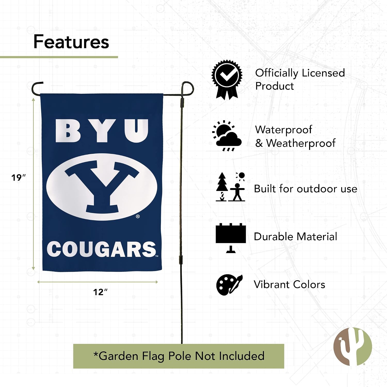 Desert Cactus Brigham Young University BYU Garden Flag – 19 x 12 inch BYU Cougars Banner, For Outdoor Display and Events (Design A)