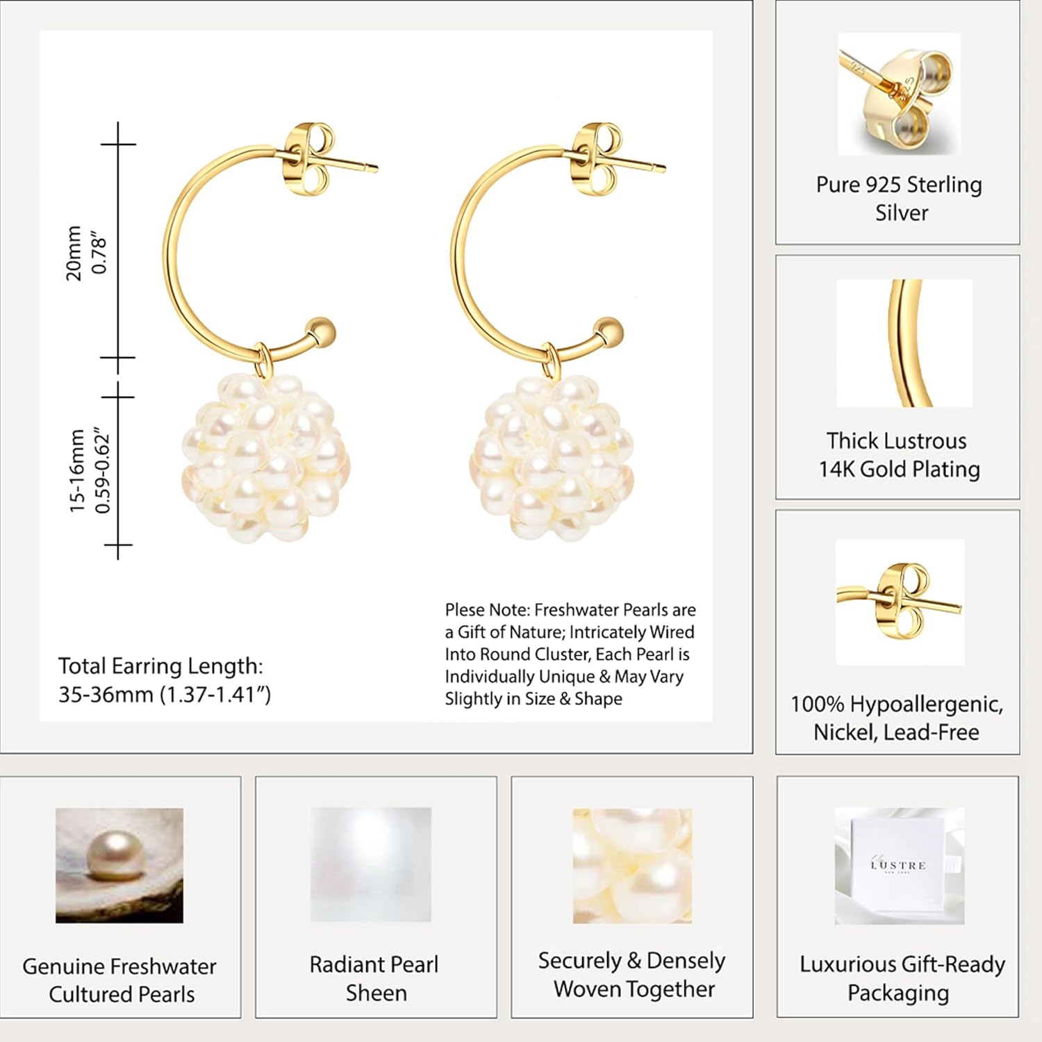 LILY LUSTRE Pearl Cluster Ball Earrings, 14K Gold Plated 925 Sterling Silver AAAA Quality Freshwater Cultured Pearl Earrings, Wedding Bridal Earrings for Women - Image 4
