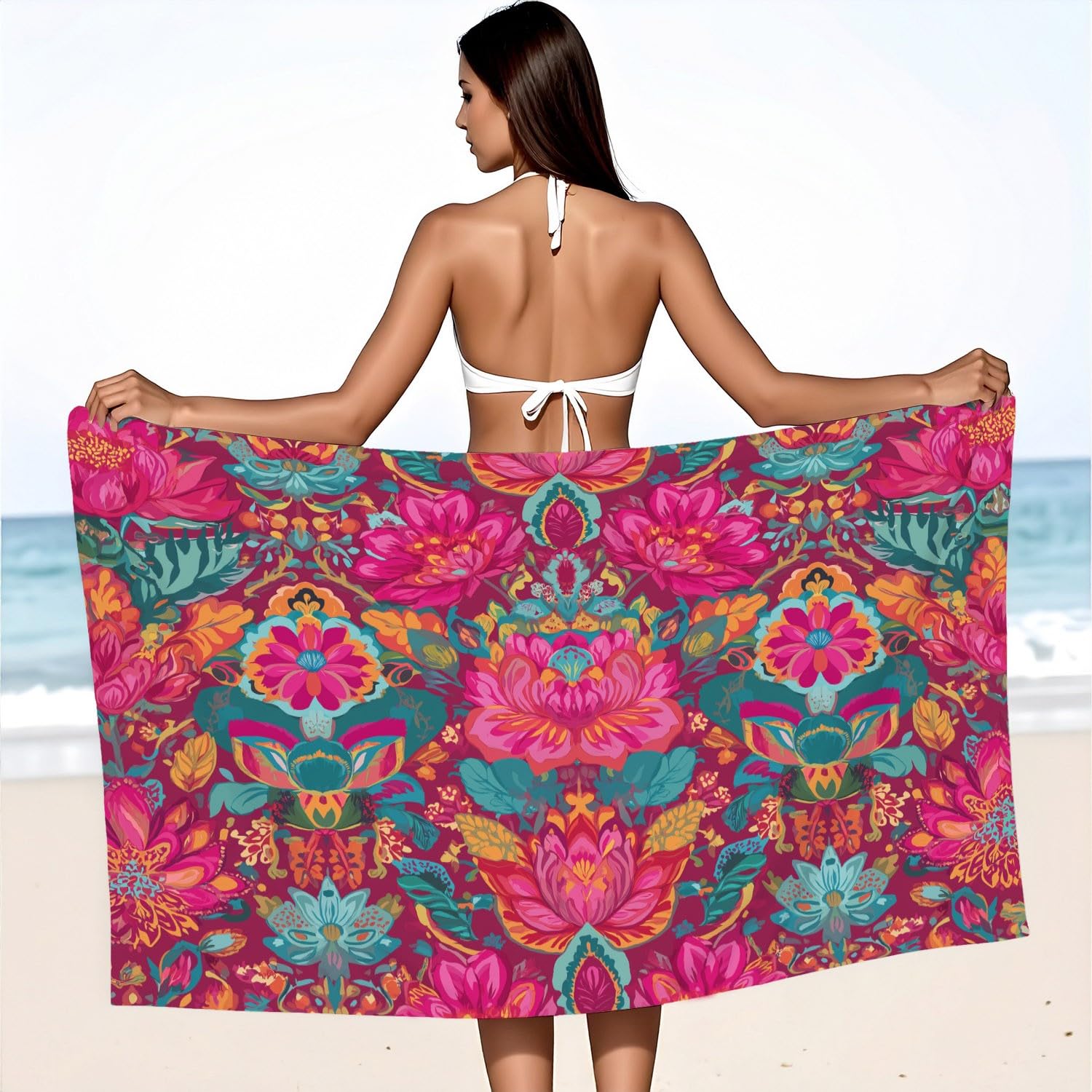 Générique Serviette de Plage Microfibre 200 x 100 CM,Drap de Plage Complexe, Luxueux, Couverture de Plage Absorbante,Couverture de Bain Fleurs Ornées, Symétrique, Continu