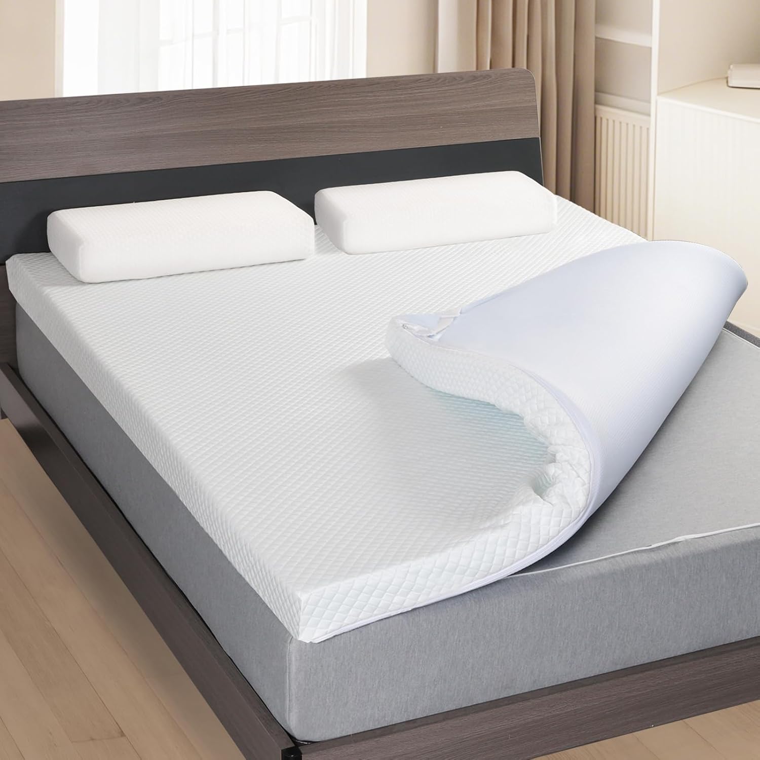Cubrecolchón de espuma viscoelástica de gel de 3 pulgadas, tamaño Queen, transpirable y refrescante para aliviar el dolor de espalda, funda de