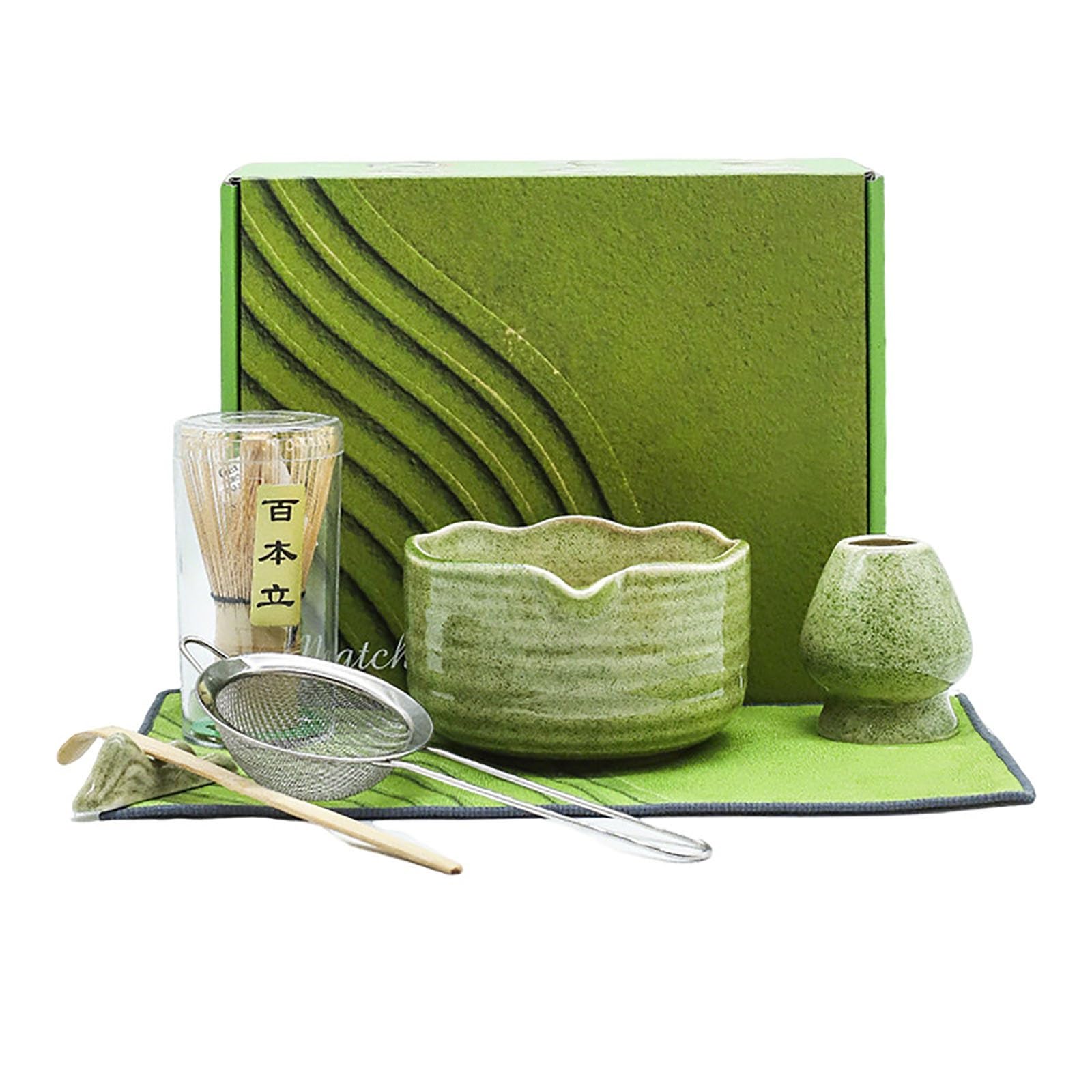Set De Matcha Japonais (7pcs),Batteur À Matcha en Bambou Naturel, Bol À Matcha, Cuillère en Bambou, Passoire, Torchon, Fouet,Parfait pour Les Amateurs De Matcha(A)