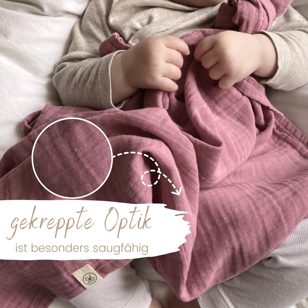 DIKOS® Baby Mulltücher 3er Premium Set – 64x64cm – weiche & saugstarke Spucktücher aus Bio-Baumwolle (GOTS, Oeko-TEX) – Musselintücher in Creme, Altrosa & Beere – Geschenk für Baby Mädchen zur Geburt