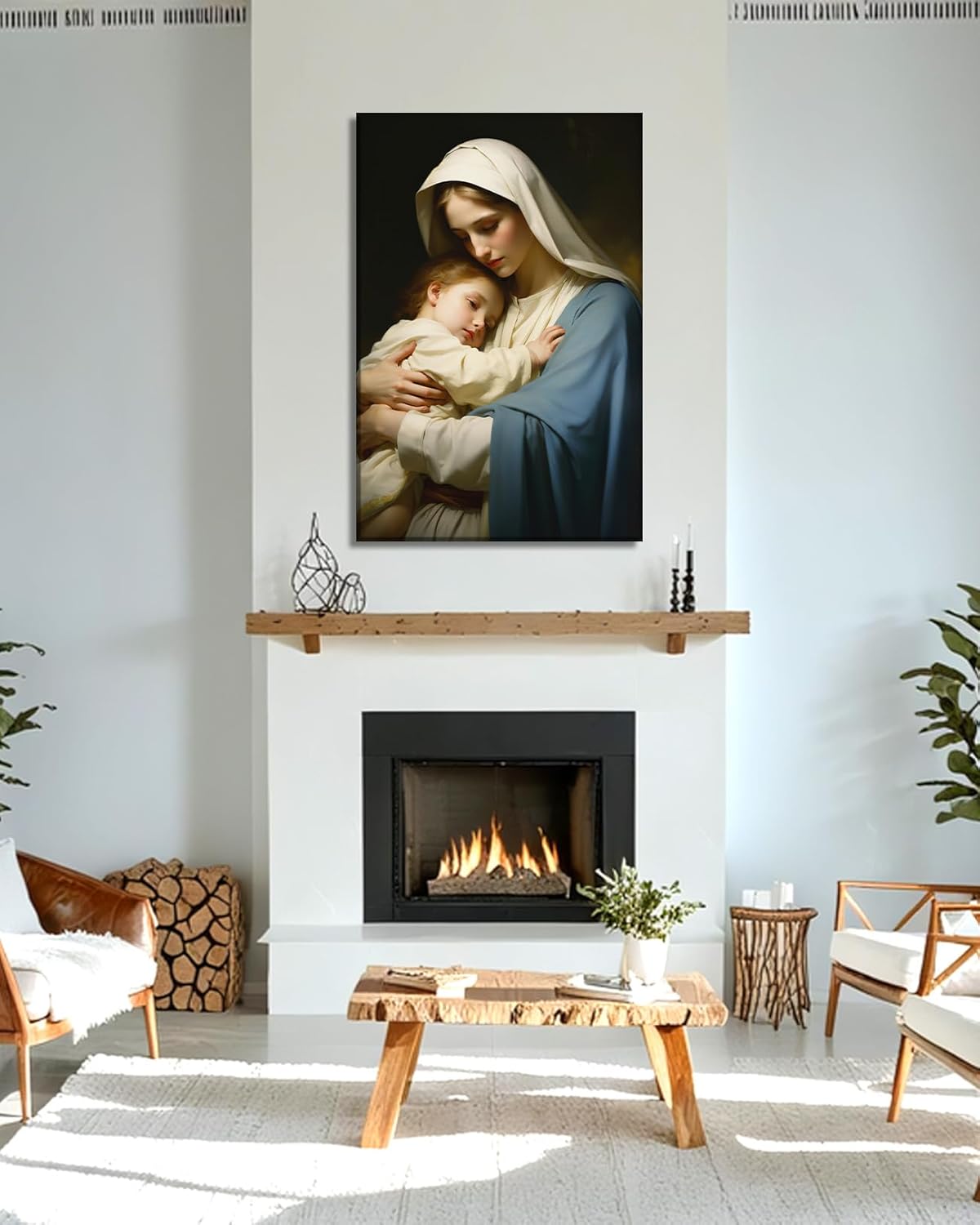 Virgin Mary with Baby Jesus Canvas Wall Art Holy Family Pictures Christian Painting Prints Religion Wall Decor Framed for Home Living Room Church Ready to Hang - 12.00"x18.00"
