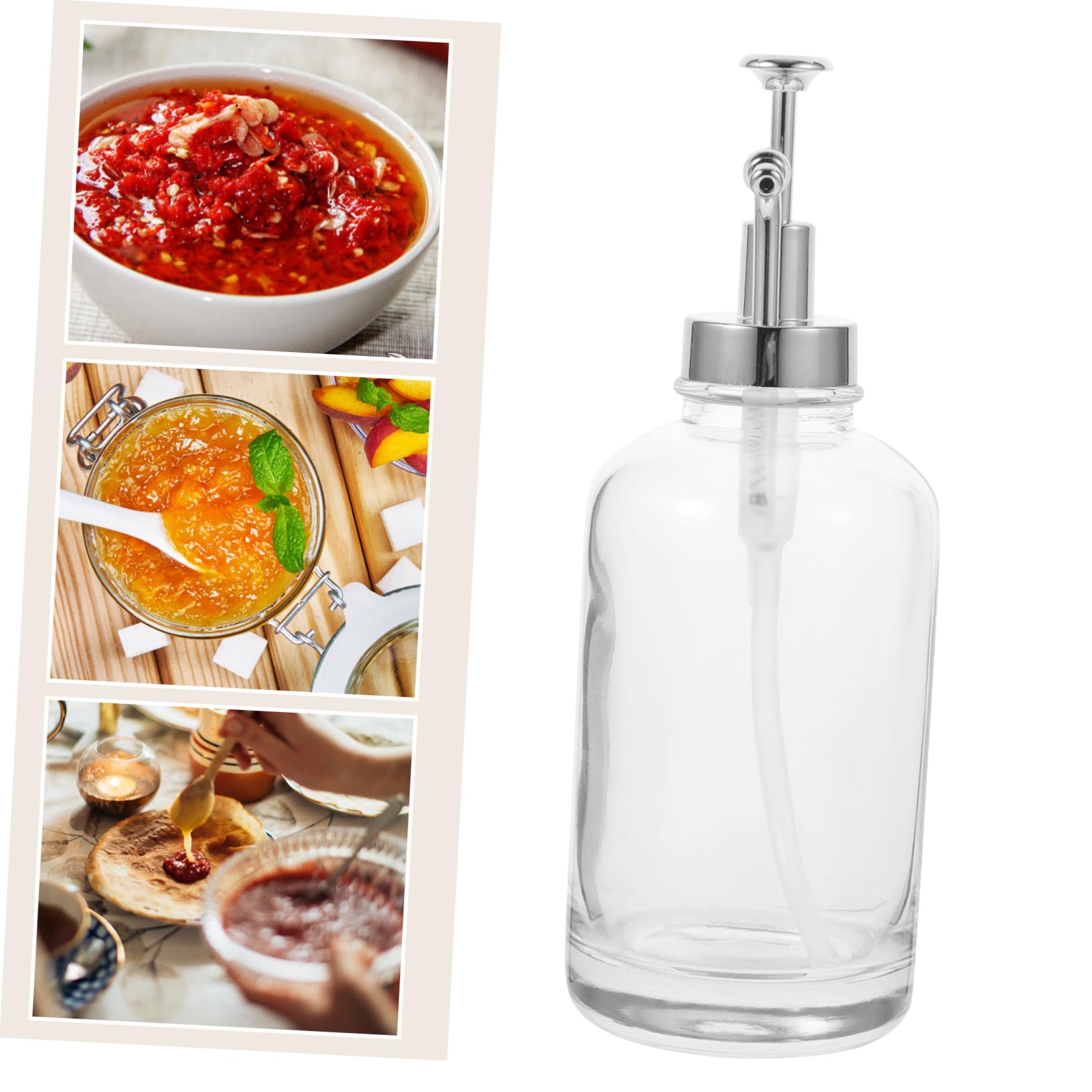 SOLUSTRE Dispensador de Jarabe de Vidrio con Bomba de Inoxidable Botella Reutilizable para Loción y Jarabes para Barra Cocina Diseño Transparente y Duradero