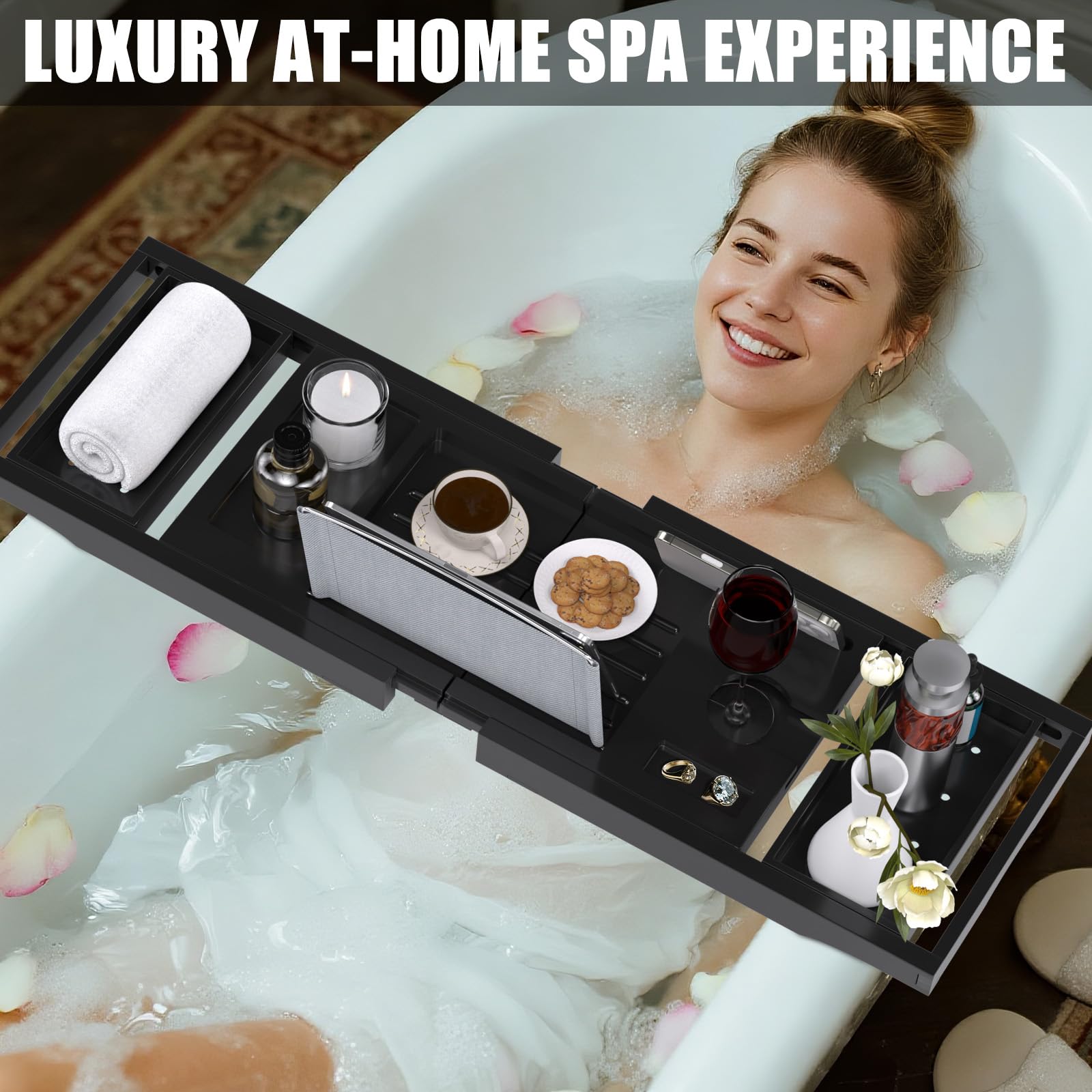 Bandeja de bañera, bandejas de baño expandibles para bañera, estante de bambú y mesa con soporte para copas de vino, accesorios de baño para el nuevo hogar, día de la madre y regalos de cumpleaños