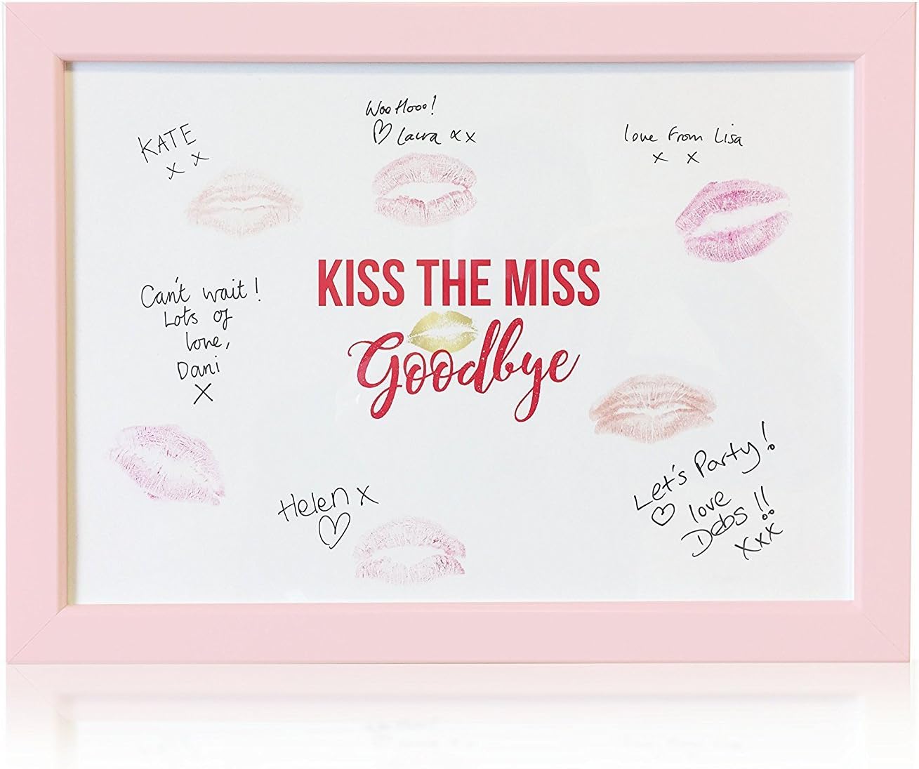 Kiss The Miss Goodbye - Bachelorette Party Picture Frame Keepsake Memories Gift for The Bride to Be (Pink Frame)
