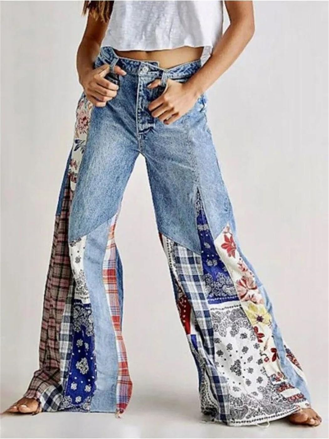 Women High Waist Wide Leg Jeans Patchwork Harajuku Style Denim Pants for Street Vintage Looks