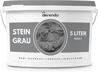 derendo Exklusive Wandfarbe grau 5L, hohe Deckkraft, Dispersionsfarbe innen, Innenwandfarbe Raumfarbe Betonoptik Steingrau, Deckkraftklasse 2, hochdeckende Innenfarbe Profi Qualität