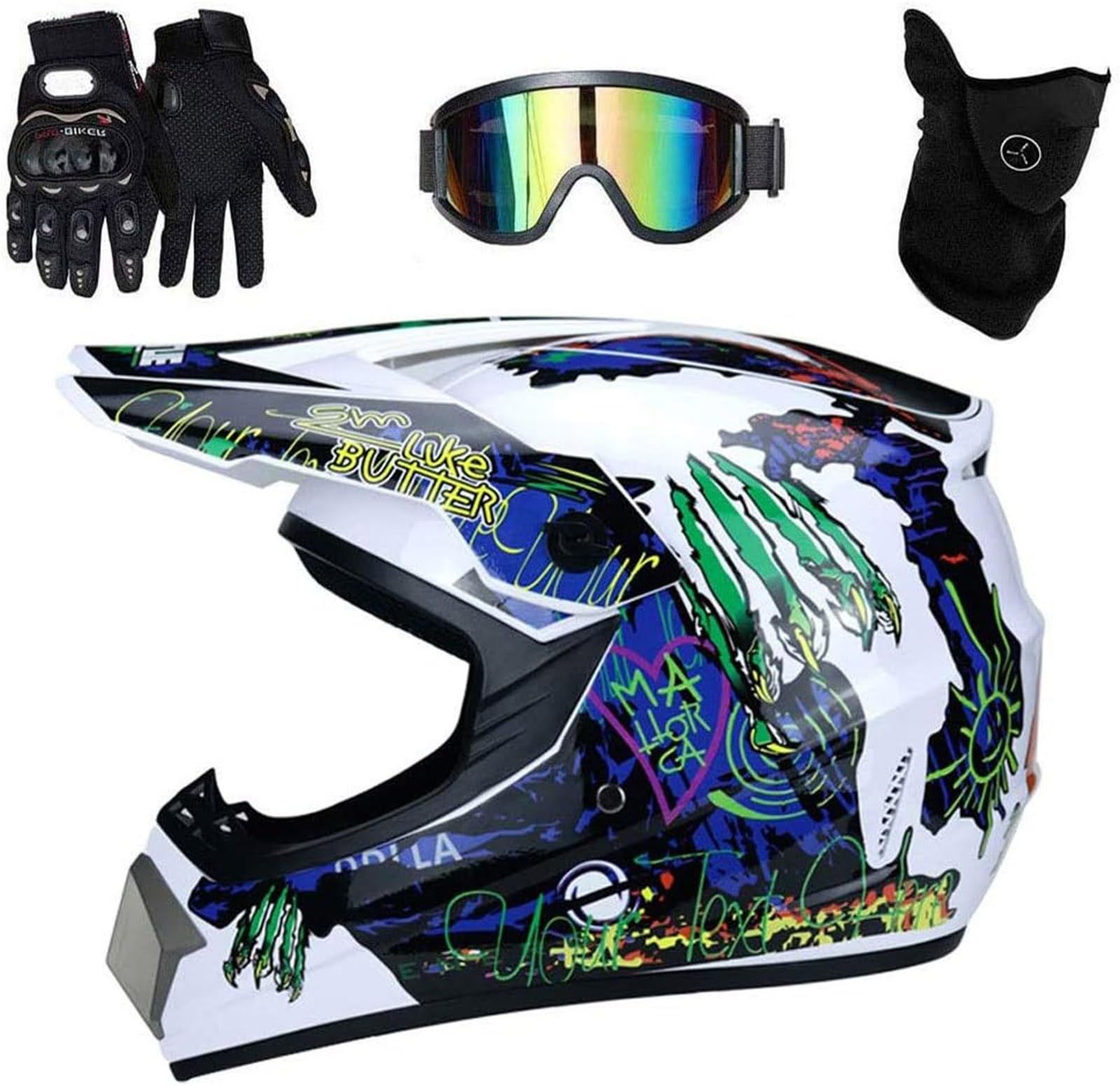 Hełm Motocross z pełną twarzą z rękawiczkami z maską w gogle, dorosłym motocyklowym kaskiem motocyklowym Helmem Crash Crash, Downhill Enduro Mtb Quad Dirt Bike(White,L(56~57cm))
