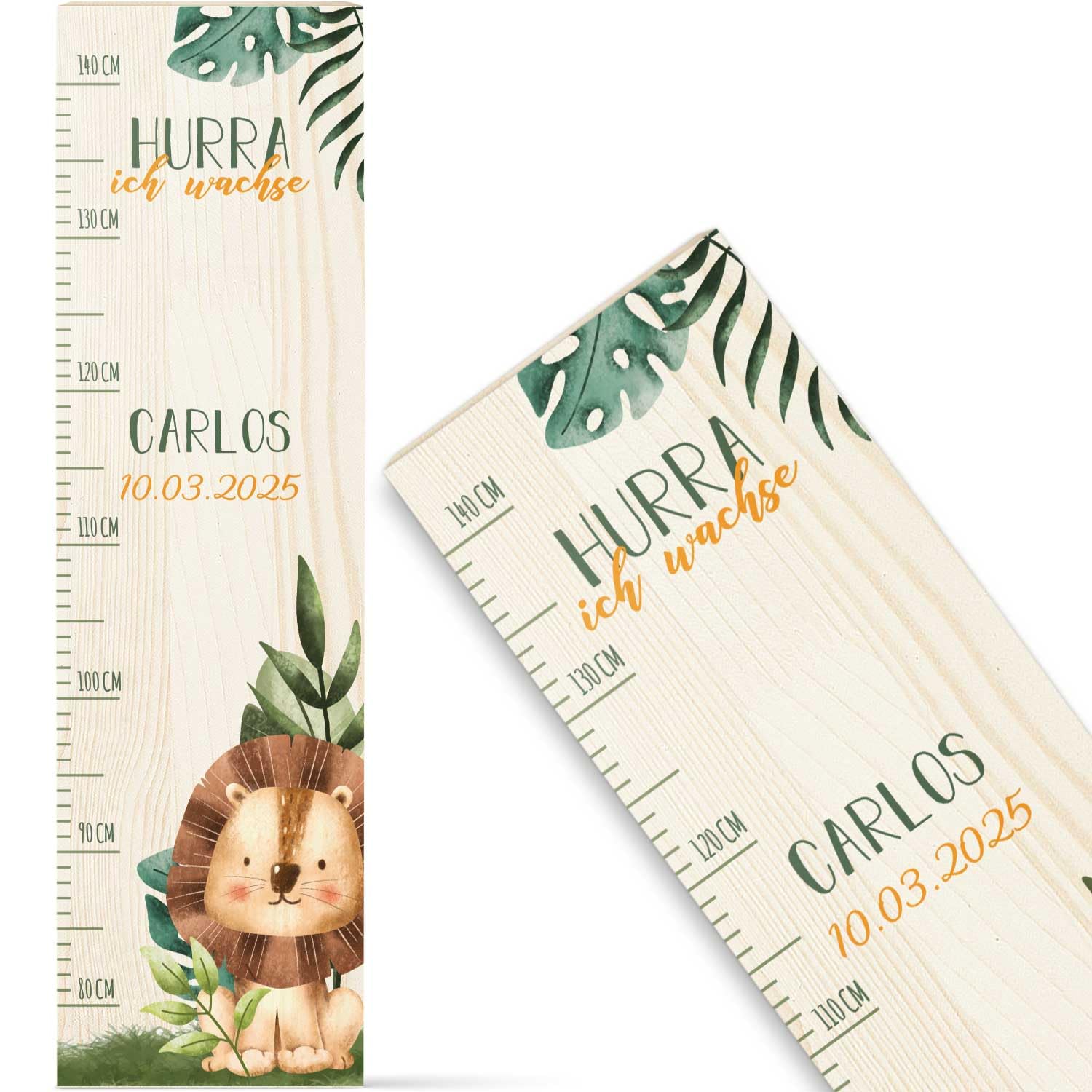 GRAVURZEILE Messlatte für Kinder aus Holz - Tiergruppe Safari - mit Namen für Kinderzimmer - Skala misst 80-140 cm - Größe 20 x 70 x 2 cm - Geschenk zur Geburt für Mädchen & Jungen - Löwe