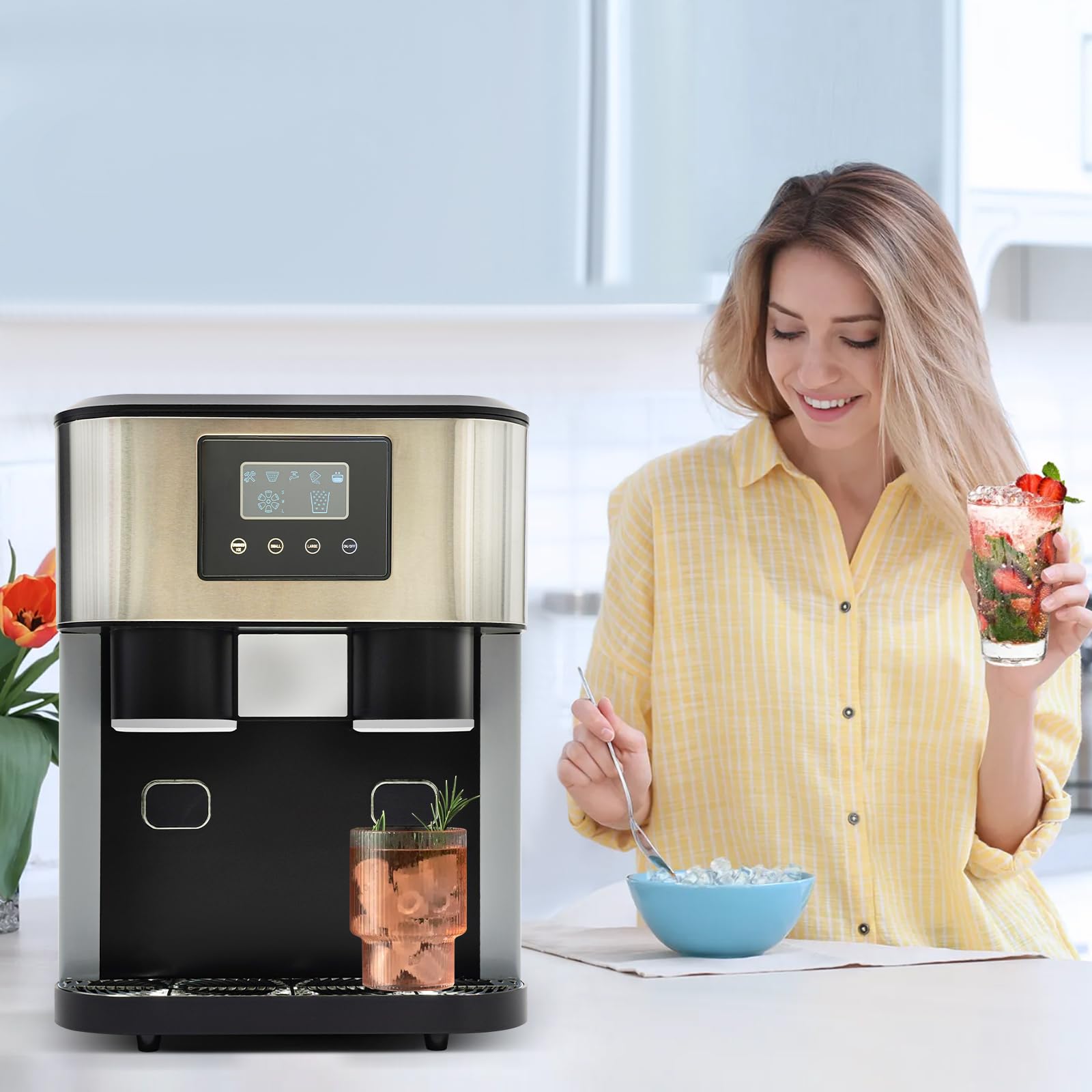 Gelatiera 3 in 1: macchina per ghiaccio tritato e cubetti di ghiaccio, 10-15 kg di ghiaccio al giorno in 8-12 minuti, 16 cubetti di ghiaccio con intuitivo controllo LCD touch, portatile e compatta