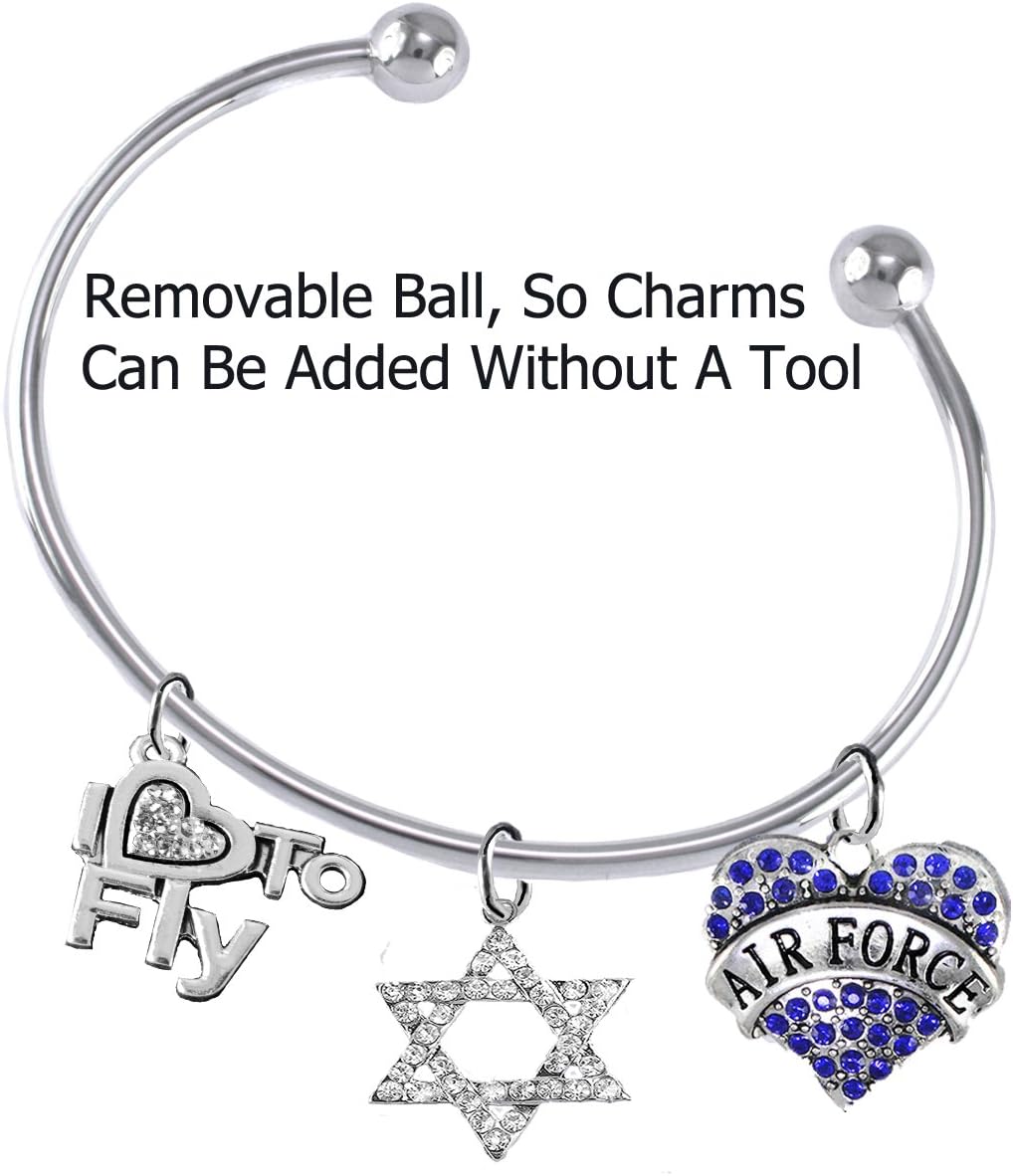 Cardinali Jewelry Air Force, I Love to Fly, Genuine Crystal Star of David, Adjustable Bracelet, Hypoallergenic, Safe-Nickel, Lead Free
