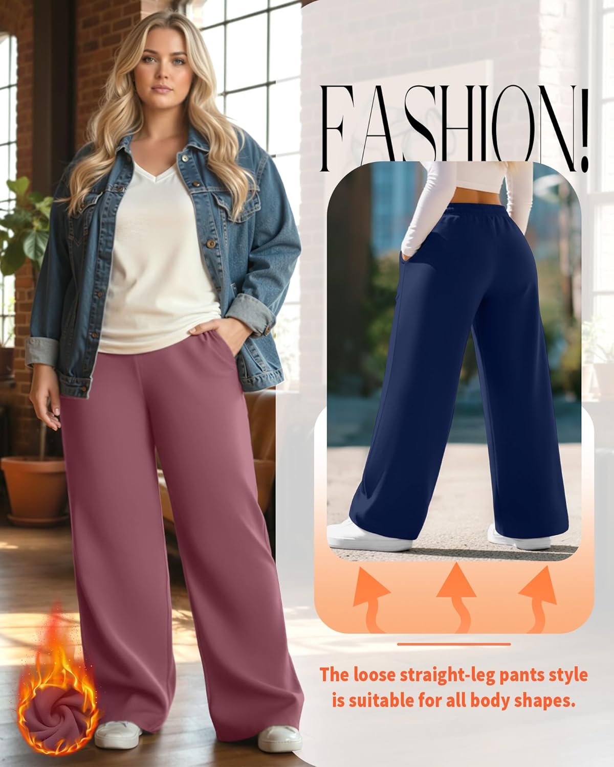 3 Pack Women's Plus Size Fleece Lined Sweatpants Wide Leg Joggers Shock Cord High Waisted Thermal Pants with Pocket - Image 5