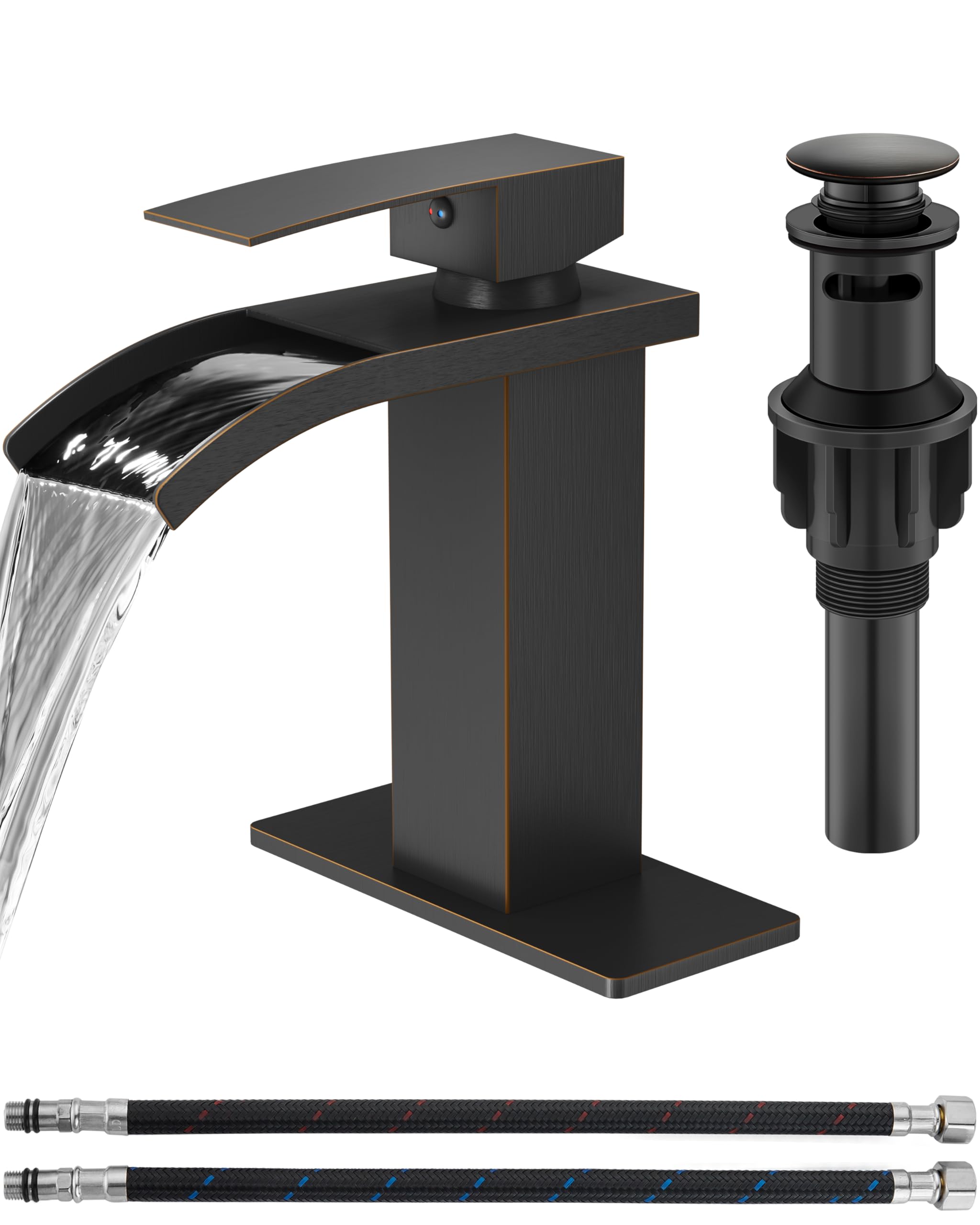 Hcfyauis Oil Rubbed Bronze Waterfall Bathroom Faucet 1 Hole, Single Hole Bathroom Faucet, Single Handle Vanity Sink Faucet With Deck Plate, Pop-Up Drain & Supply Lines,