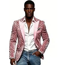 Mens Pink Leopard Print Blazer, Velvet Peak Lapel, Slim Fit, One Button Sports Coat for Party, Wedding, Club