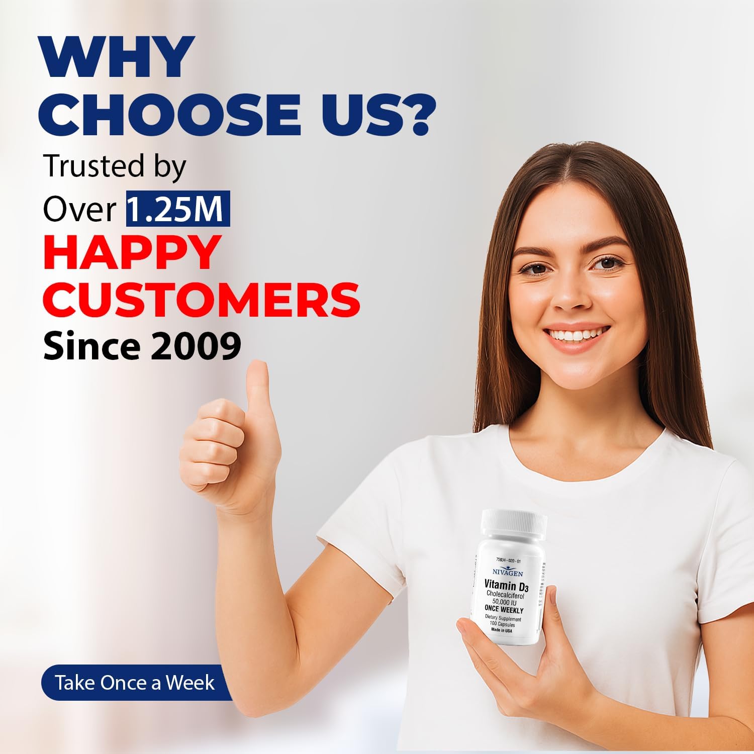 Nivagen Vitamin D3 50,000 IU (1250 mcg) | Once Weekly Dose | 100 Capsules (100 Weeks, Approx. 2 Years Supply) | Easy to Swallow | Bone, Muscle & Immune Support | Non-GMO, Gluten Free | Made in USA - Image 8