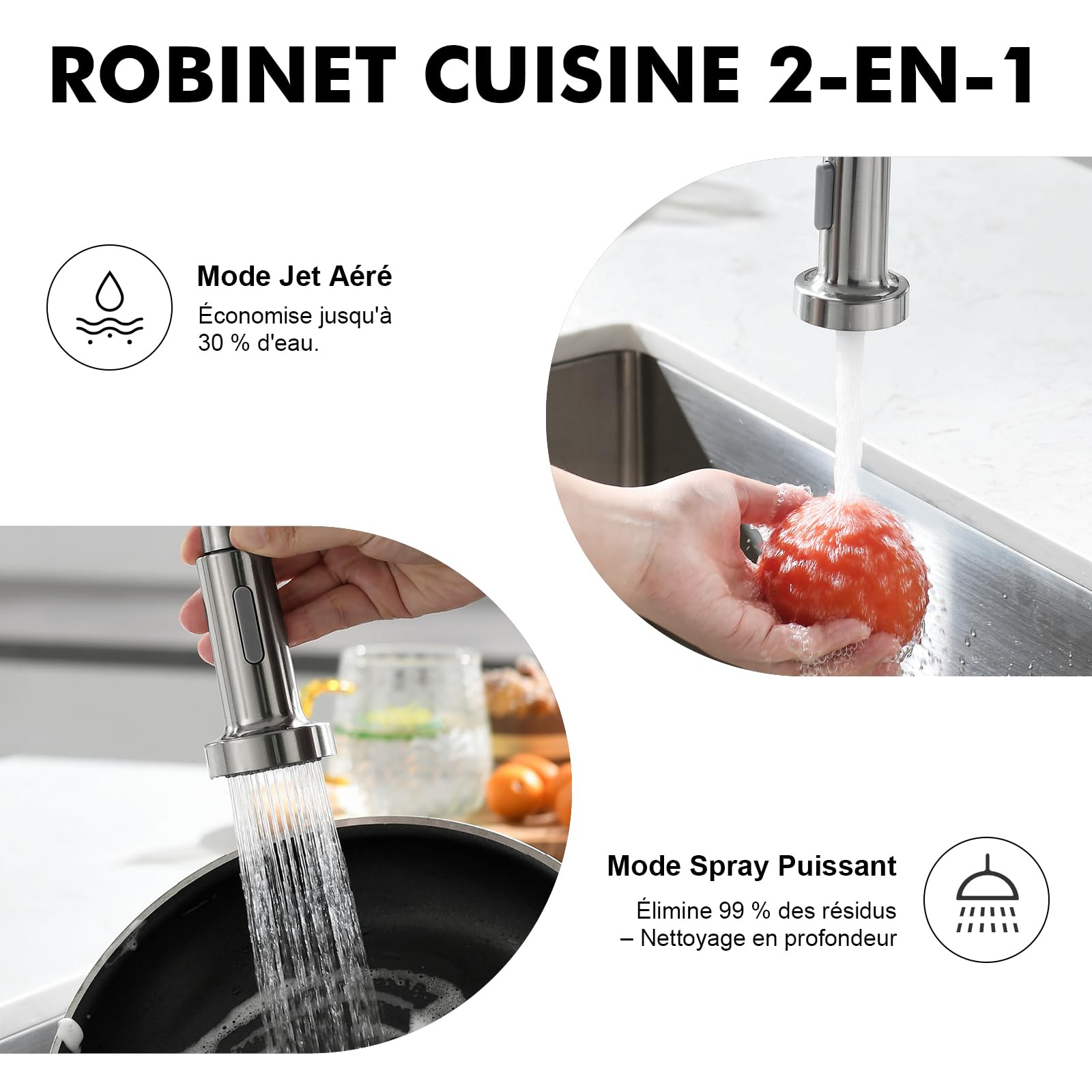Ibergrif Robinet Cuisine, Mitigeur Cuisine Avec Douchette Extractible, Robinet D'Évier À Arc Élevé Rotatif À 360°, Avec Deux Fonctions De Pulvérisation, Acier Inoxydable, M22143A