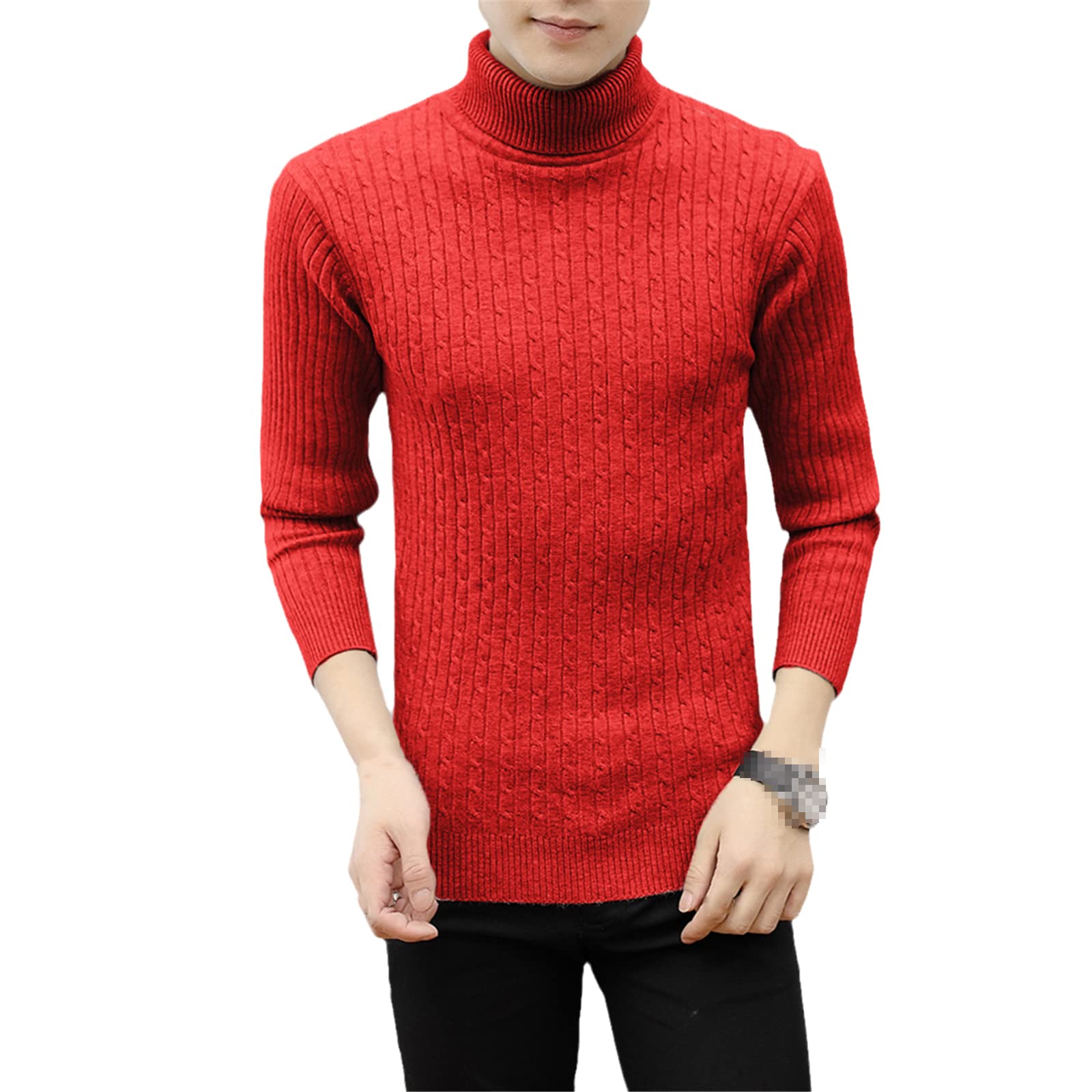 Vogrtcc Męski wąski jednolity kolor golf sweter zimowy długi rękaw ciepły dzianinowy sweter dół koszula, Czerwony 1, XL