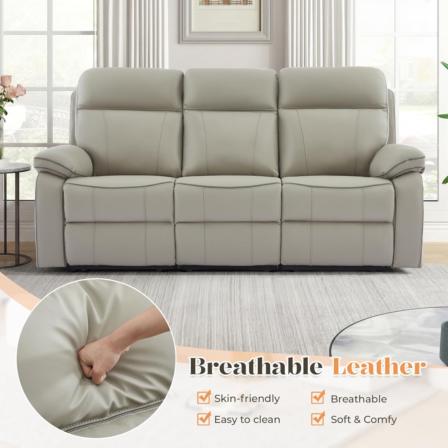 3 Seater Reclining Sofa with Drop Down Table, Breathable Leather Electric Reclining Couch Wall Hugger Recliner with Cup Holder/USB/Type C for Living Room Furniture(Gray, 3 Seater) | Electric Recliner, Top-Grade Leather, Full of Sponge