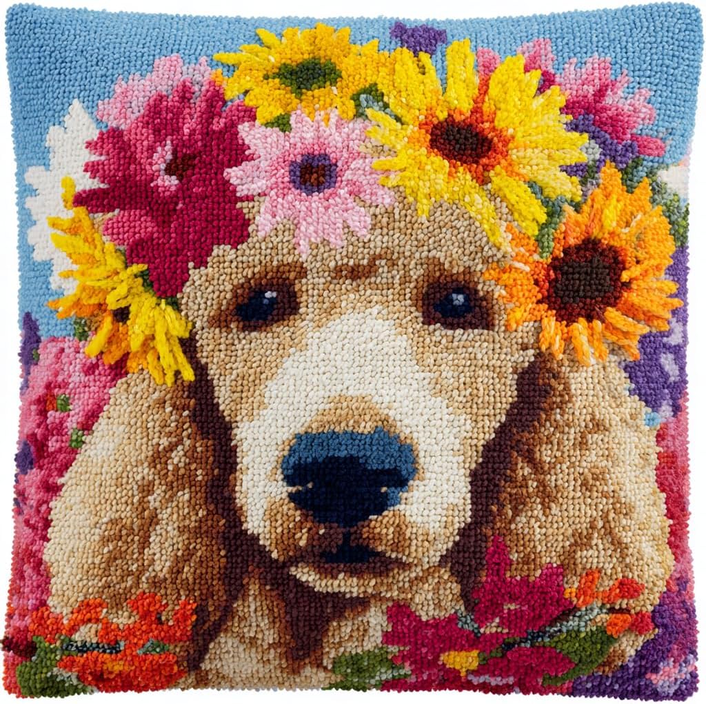 Bcdfgybcaxn Animal Dog Latch Hook Pillow Cushion Kits,Puppy Wearing a Santa hat,Color Printed Canvas,Latch Hook Kits for Beginners,Handmade Needlework Crafts Home Decoration,17x17in