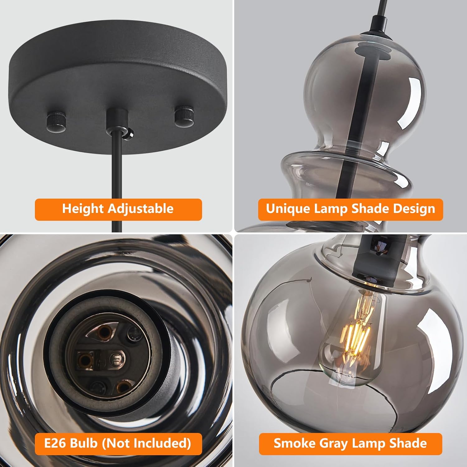 Smoke Gray Glass Pendant Lights Kitchen Island Black Pendant Light Fixture with 8.27 in Glass Globe Chandelier for Bedroom Dining Room Island Pendant Lighting (1 Pack)
