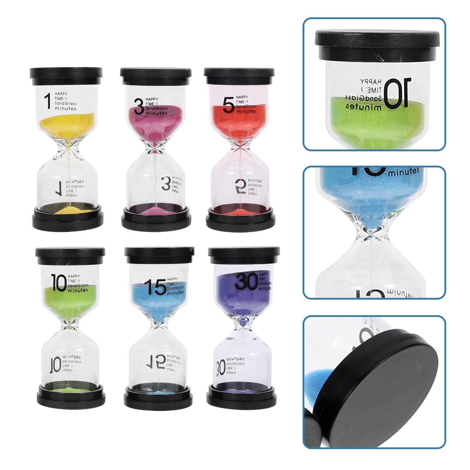 6 Piezas Reloj de Arena Temporizador de Arena, Plástico y Vidrio, Diseño Clásico, Negro, Cepillado de Dientes y Decoración de Dormitorio