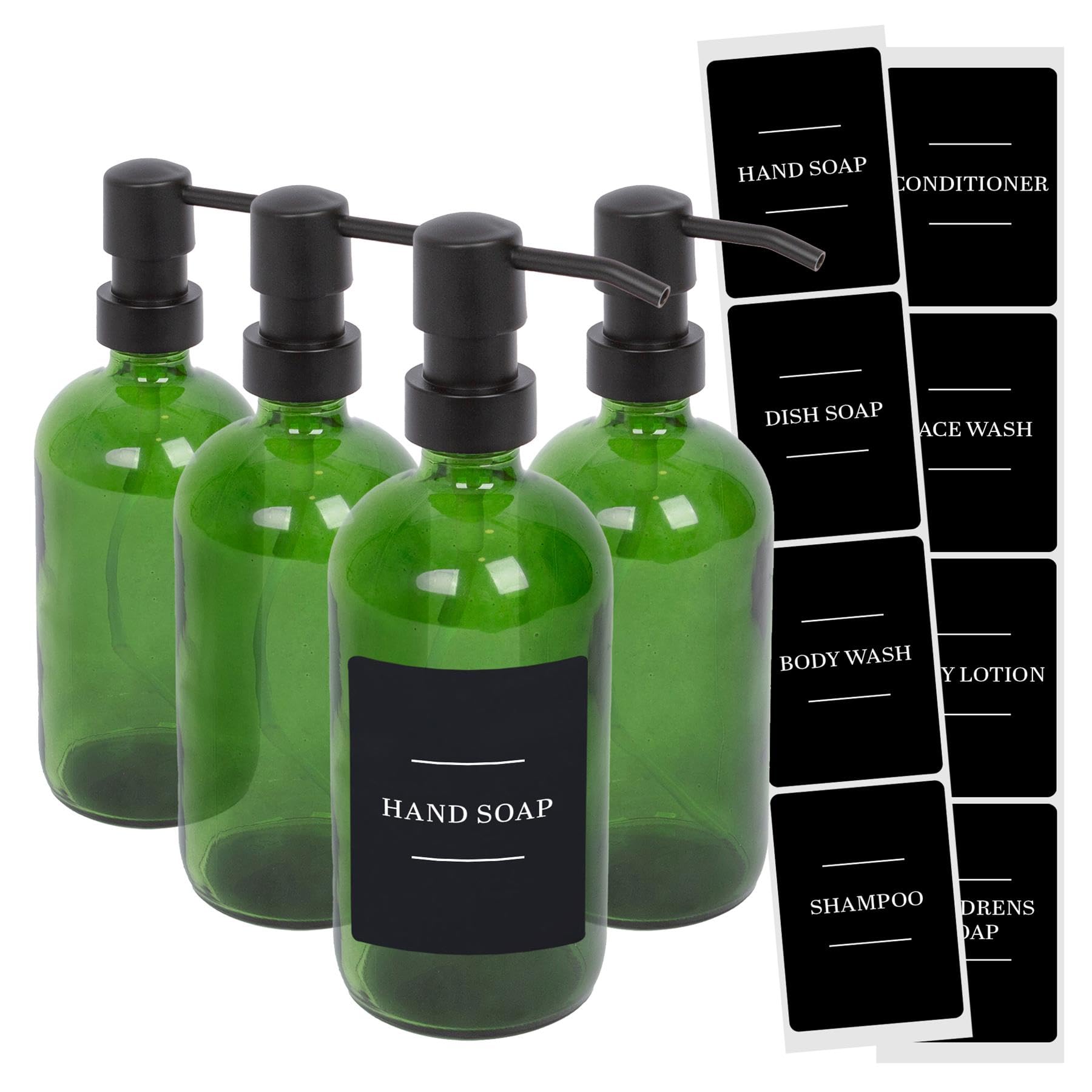 Harbour Housewares Glass Soap Dispensers with Labels Pack of 4-500ml Green Refillable Bottles with Pumps and Black Labels - Bathroom and Kitchen Accessories for Hand Wash, Lotion or Sanitiser