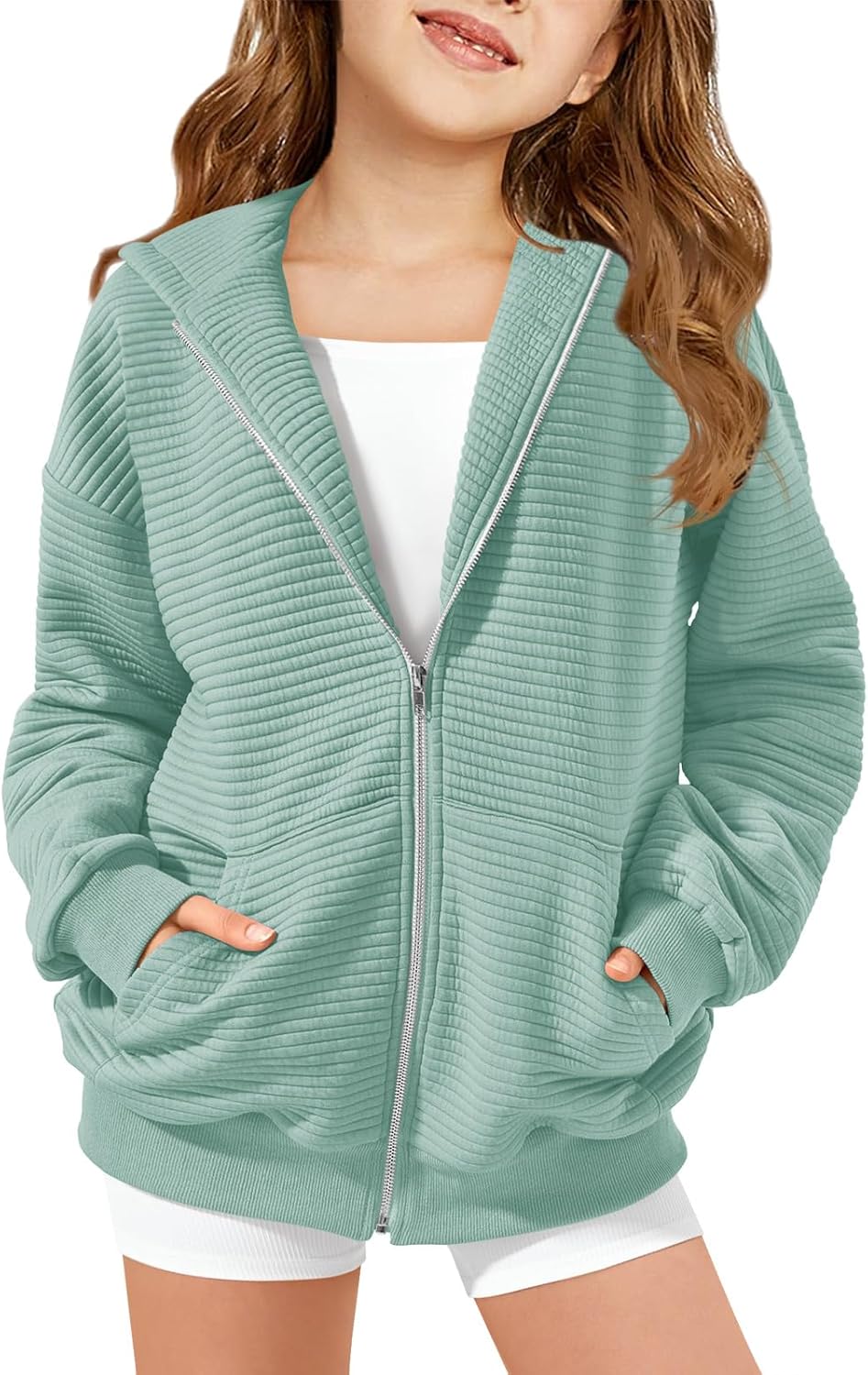 Haloumoning Girls Zip Up Hoodie Kids Fashion Oversized Textured Sweatshirt Jacket with Pockets 5-14 Years