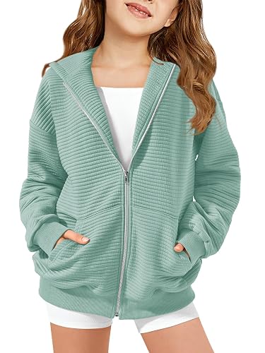 Haloumoning Girls Zip Up Hoodie Kids Fashion Oversized Textured Sweatshirt