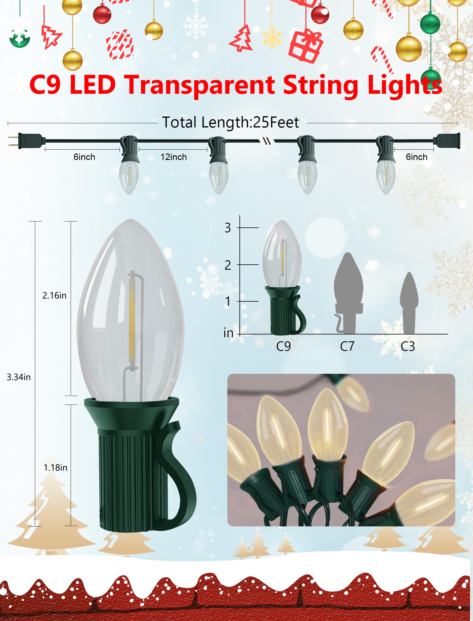 Condition photo showing New/Like New for vintage c9 led christmas lights outdoor, 25ft led c9 warm white christmas string lights with 26 clear bulbs, outdoor christmas decorations lights waterproof for patio garden roofline holiday party