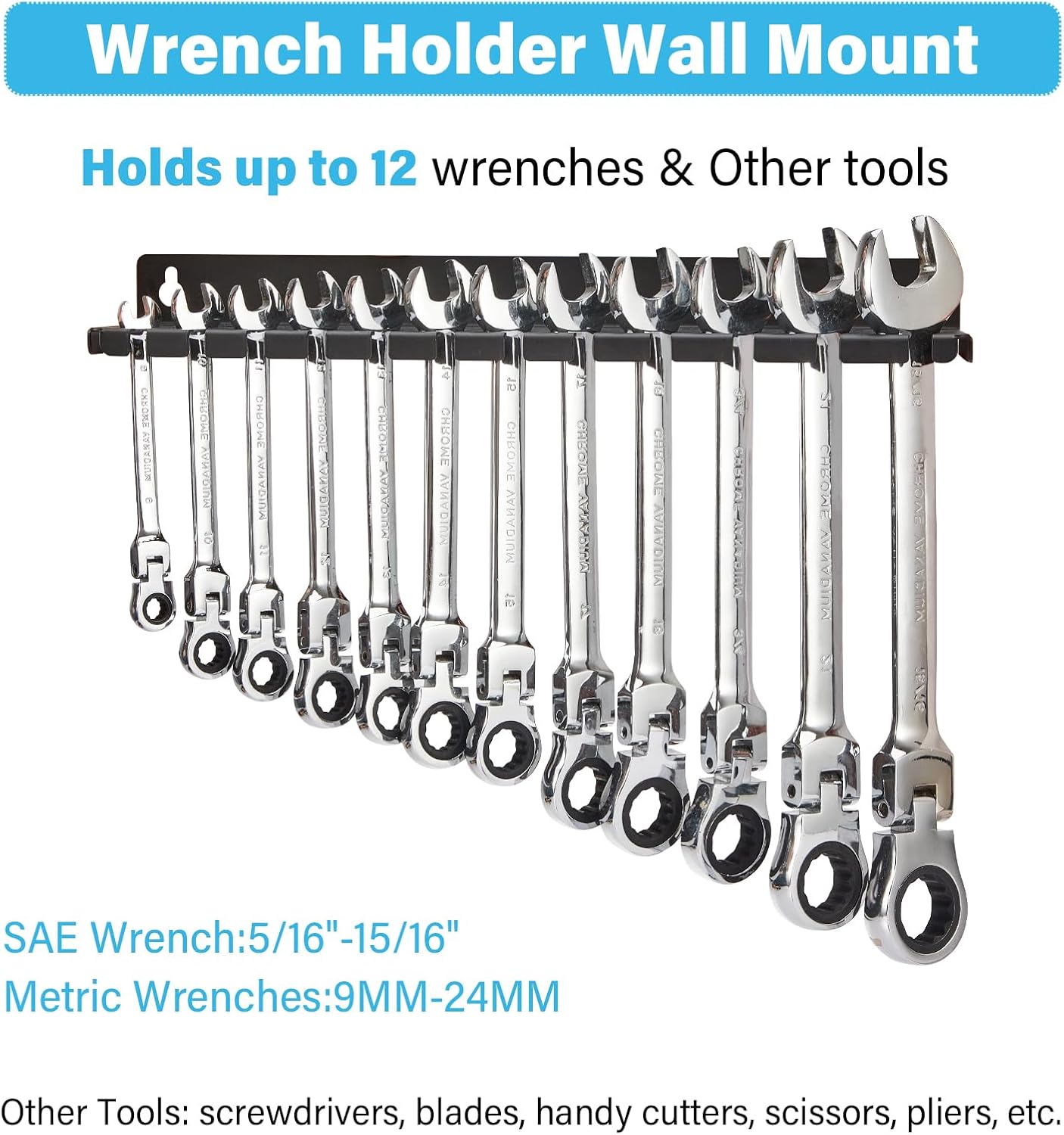 Wall Mount Wrench Organizer，Hanging Holder Fit 12 Wrenches or 9 Other Tool Slots