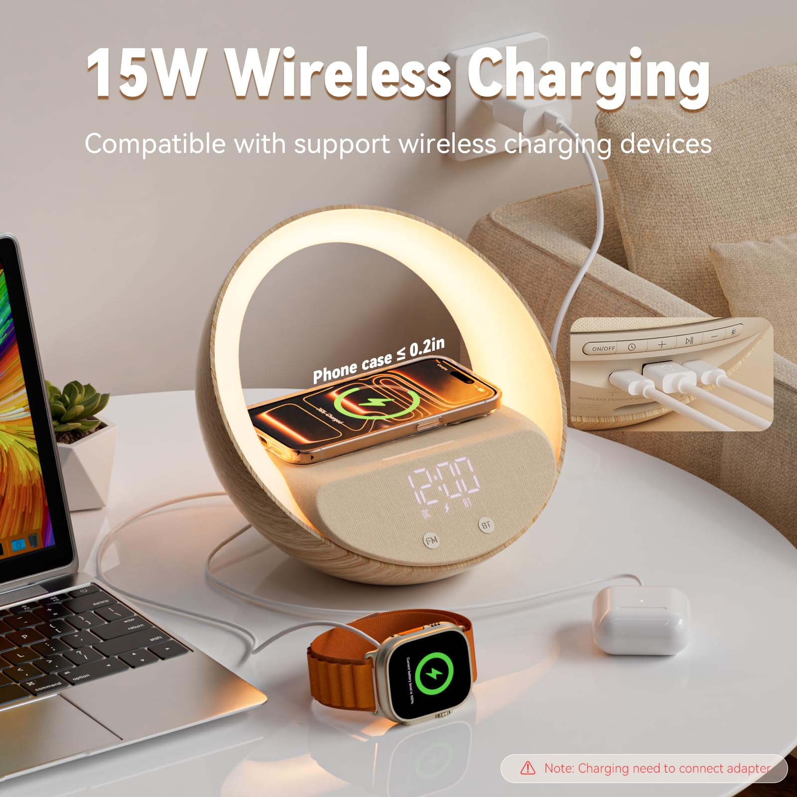 COLSUR Wireless Charger mit Bluetooth Lautsprecher FM Radio mit USB-Kabelloser Ladegerät, 15W Induktive Ladestation mit Licht, Farbige Nachtlampe, Geschenke für männer