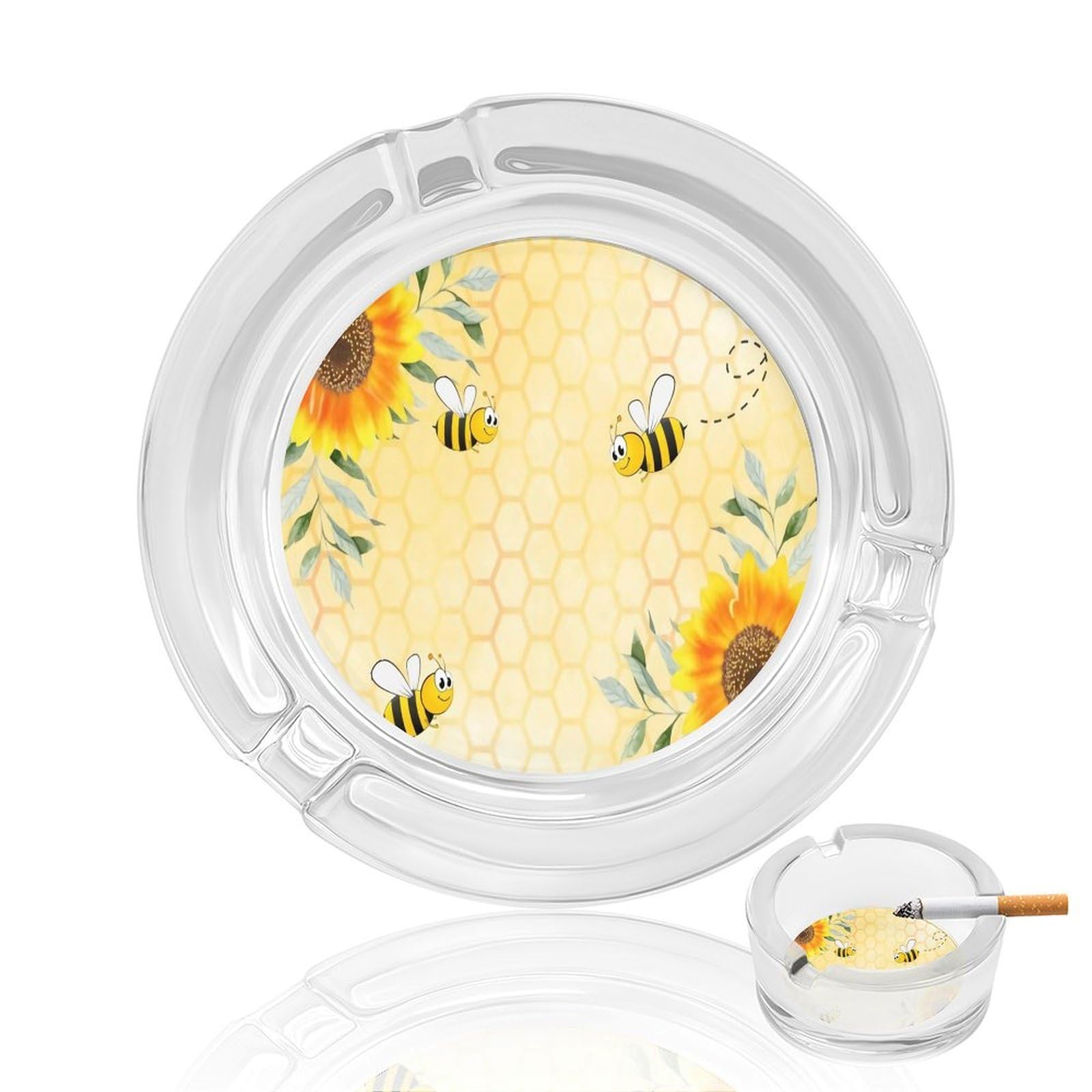 Bumble Bees Yellow Honeycomb Sunflowers Glass Ashtray 3.3 Inch Round Cigarette Ash Holder with 4 Grooves for Home Office Outdoor One Size
