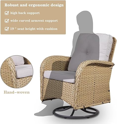 Miniatura 6 de Belord Juego de muebles de patio de 3 piezas  Juego de sillas giratorias de bistró con mesa auxiliar de ratán, mimbre naturalcojín beige