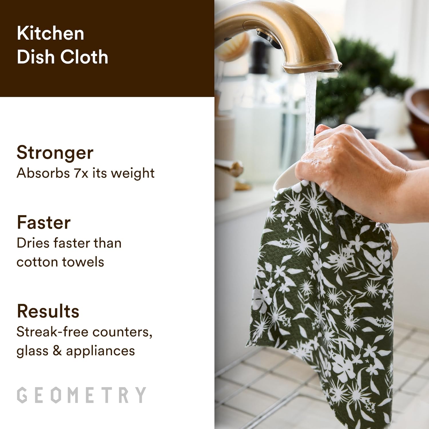 GEOMETRY Kitchen Dish Cloths - Premium Dishcloths with Geoweave - Absorbent & Fast Drying Kitchen Towels - Leafy Luxe, 10" x 10" - 3-Pack